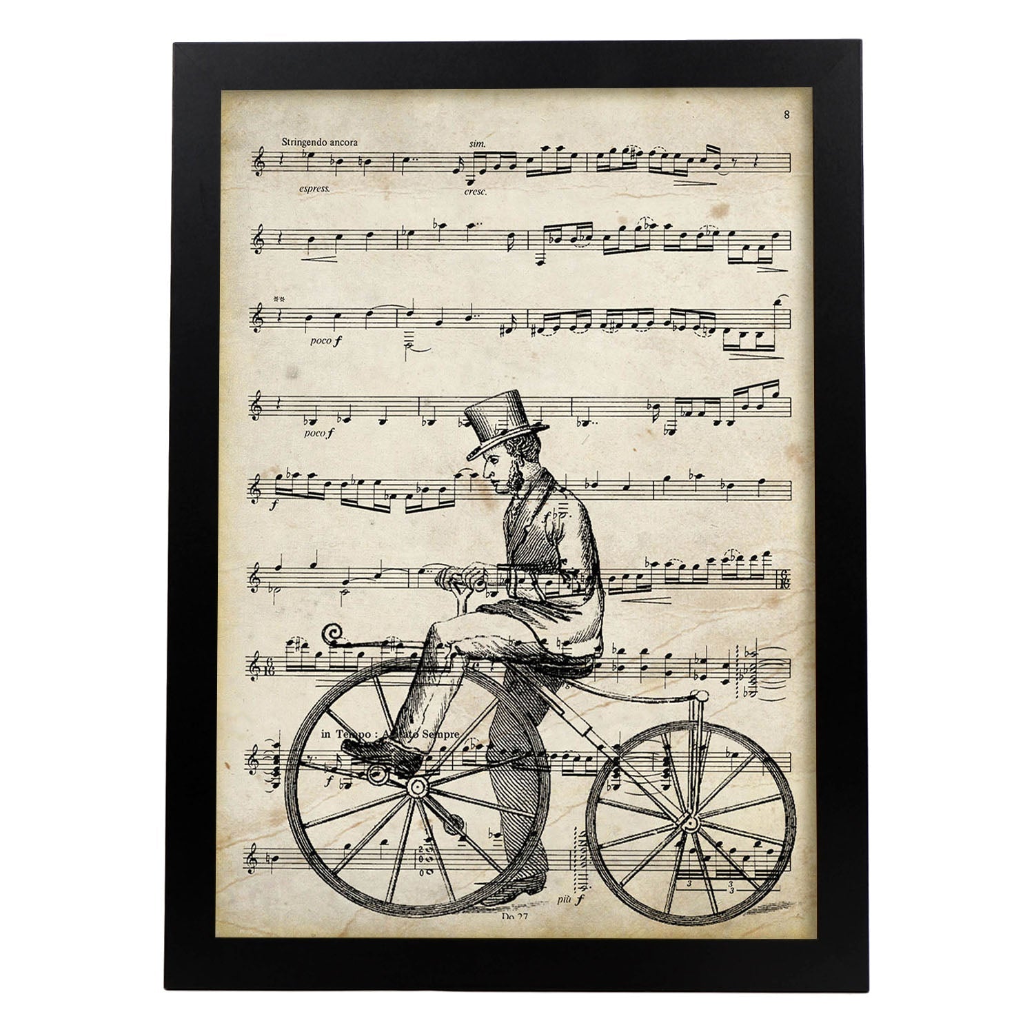 Poster de Bicicleta de madera sobre partitura. Láminas de imágenes con partituras. Diseño de música para el hogar.-Artwork-Nacnic-A3-Marco Negro-Nacnic Estudio SL