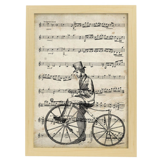 Poster de Bicicleta de madera sobre partitura. Láminas de imágenes con partituras. Diseño de música para el hogar.-Artwork-Nacnic-A4-Marco Madera clara-Nacnic Estudio SL