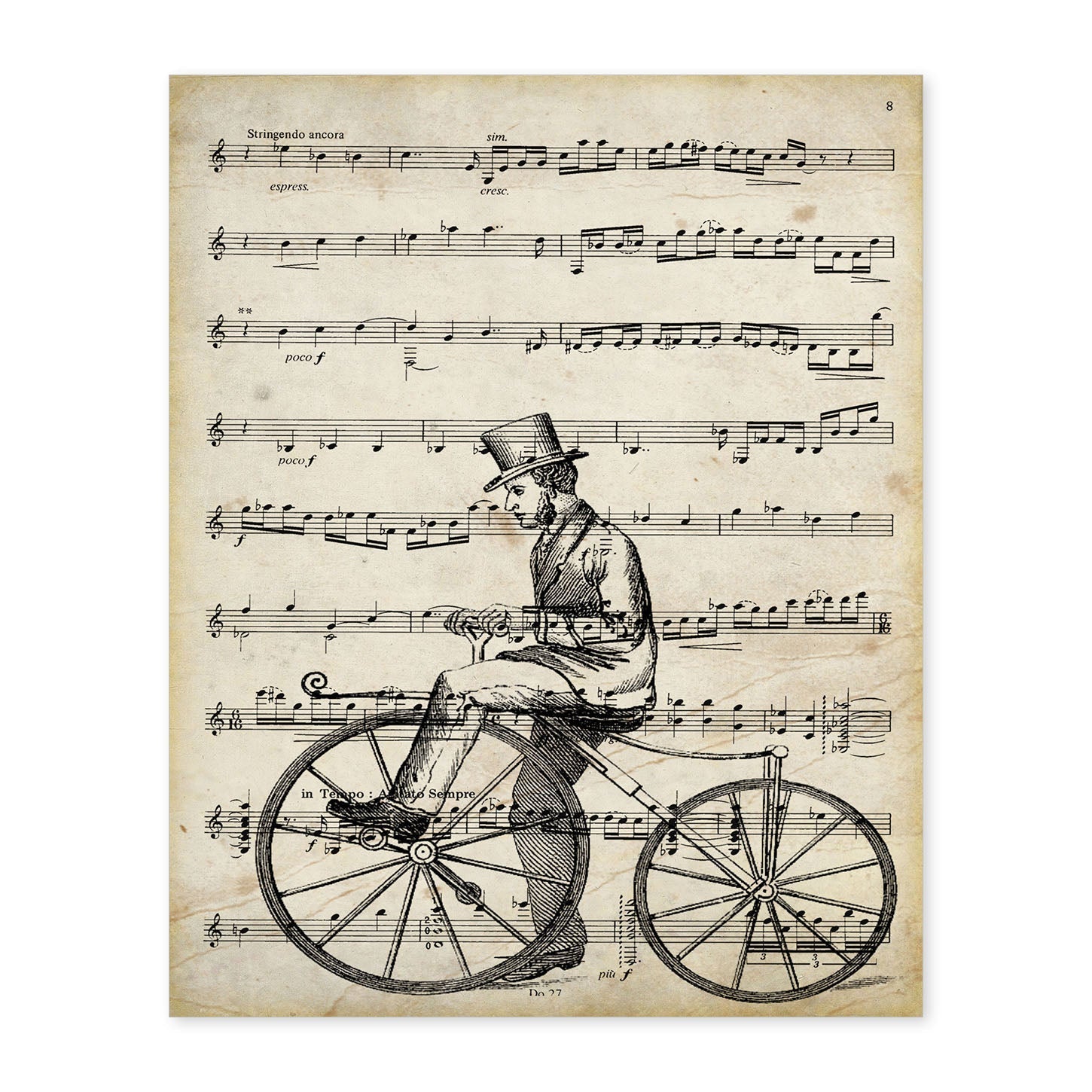 Poster de Bicicleta de madera sobre partitura. Láminas de imágenes con partituras. Diseño de música para el hogar.-Artwork-Nacnic-A4-Sin marco-Nacnic Estudio SL