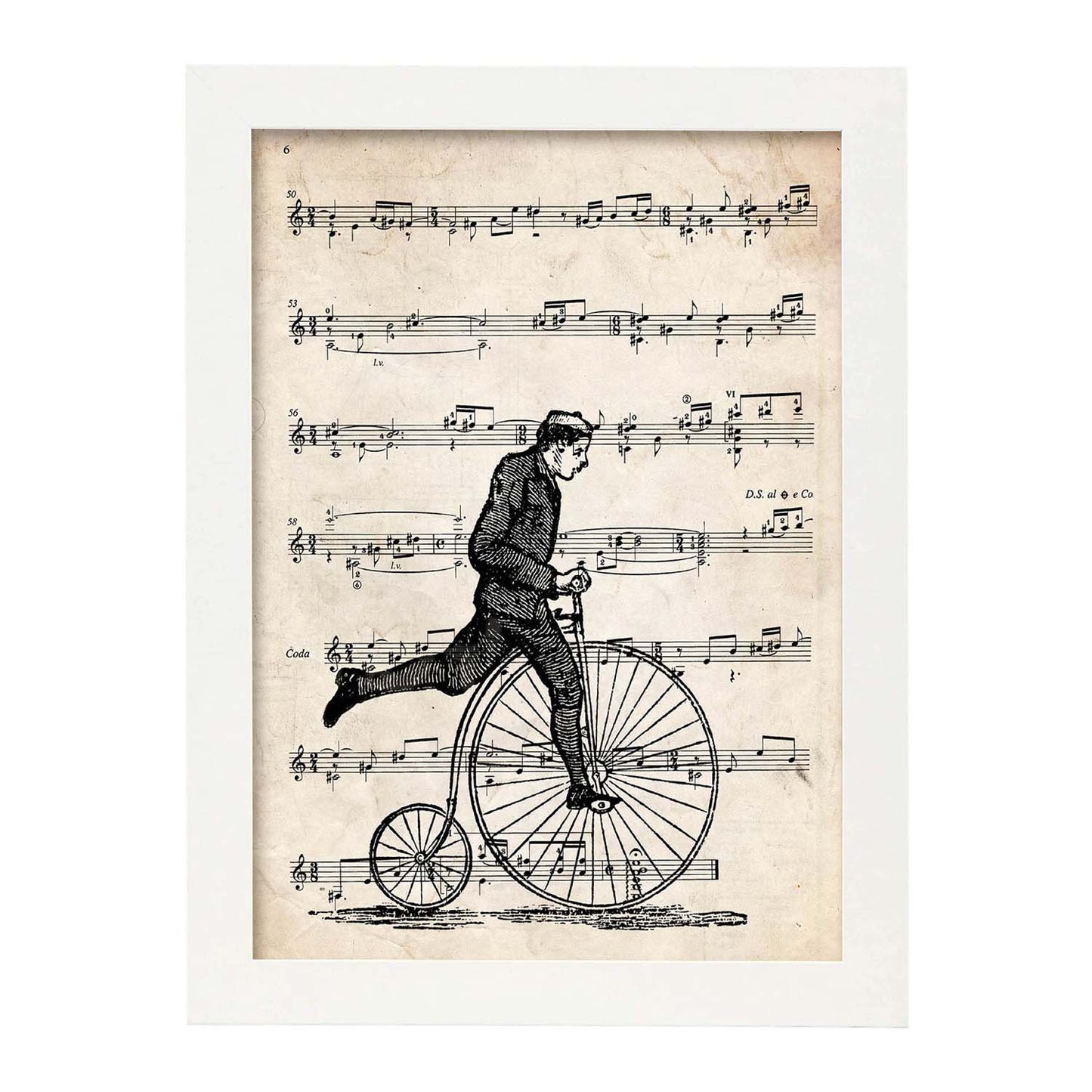 Poster de Bicicleta de rueda alta sobre partitura. Láminas de imágenes con partituras. Diseño de música para el hogar.-Artwork-Nacnic-Nacnic Estudio SL