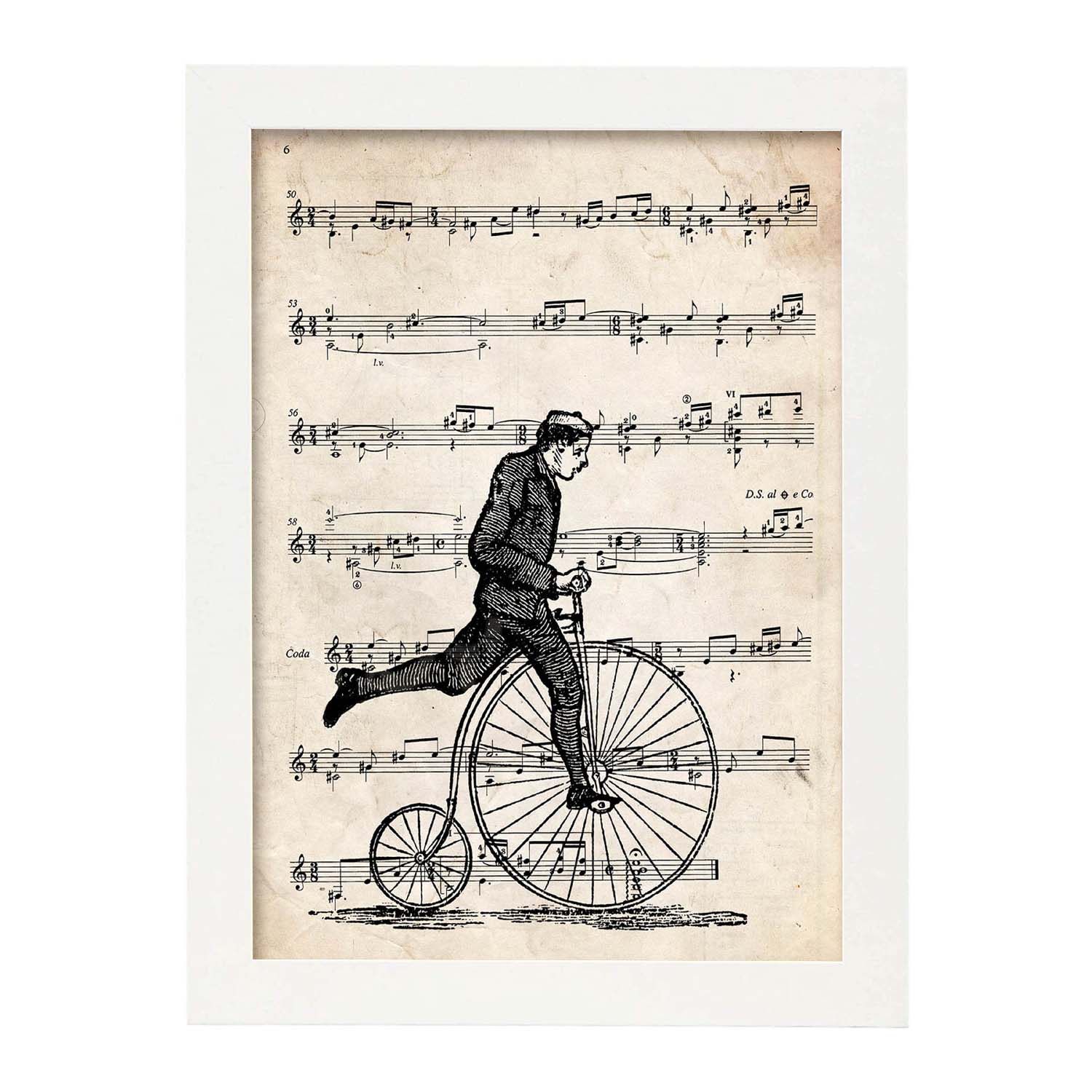 Poster de Bicicleta de rueda alta sobre partitura. Láminas de imágenes con partituras. Diseño de música para el hogar.-Artwork-Nacnic-A3-Marco Blanco-Nacnic Estudio SL