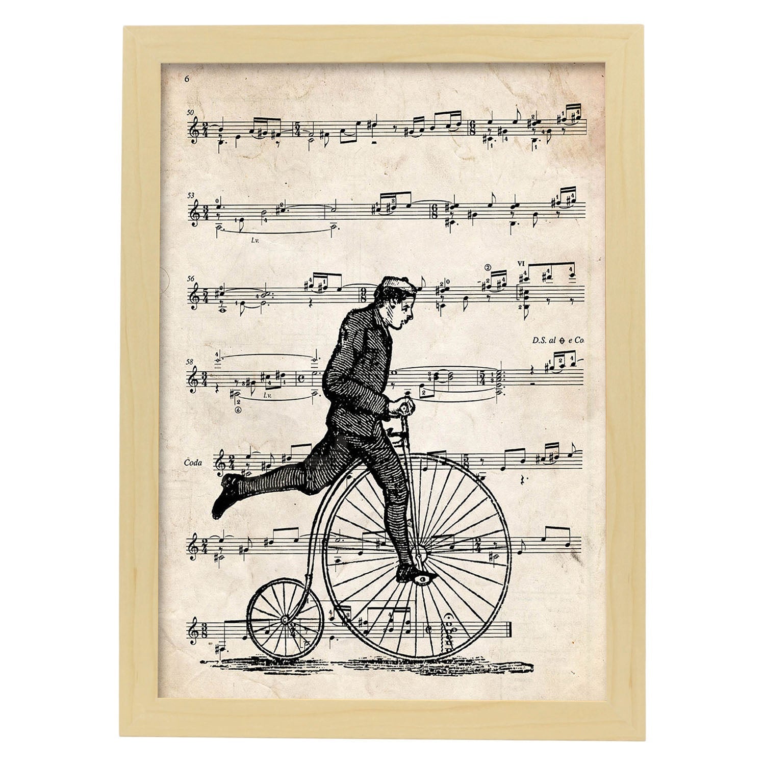 Poster de Bicicleta de rueda alta sobre partitura. Láminas de imágenes con partituras. Diseño de música para el hogar.-Artwork-Nacnic-A3-Marco Madera clara-Nacnic Estudio SL