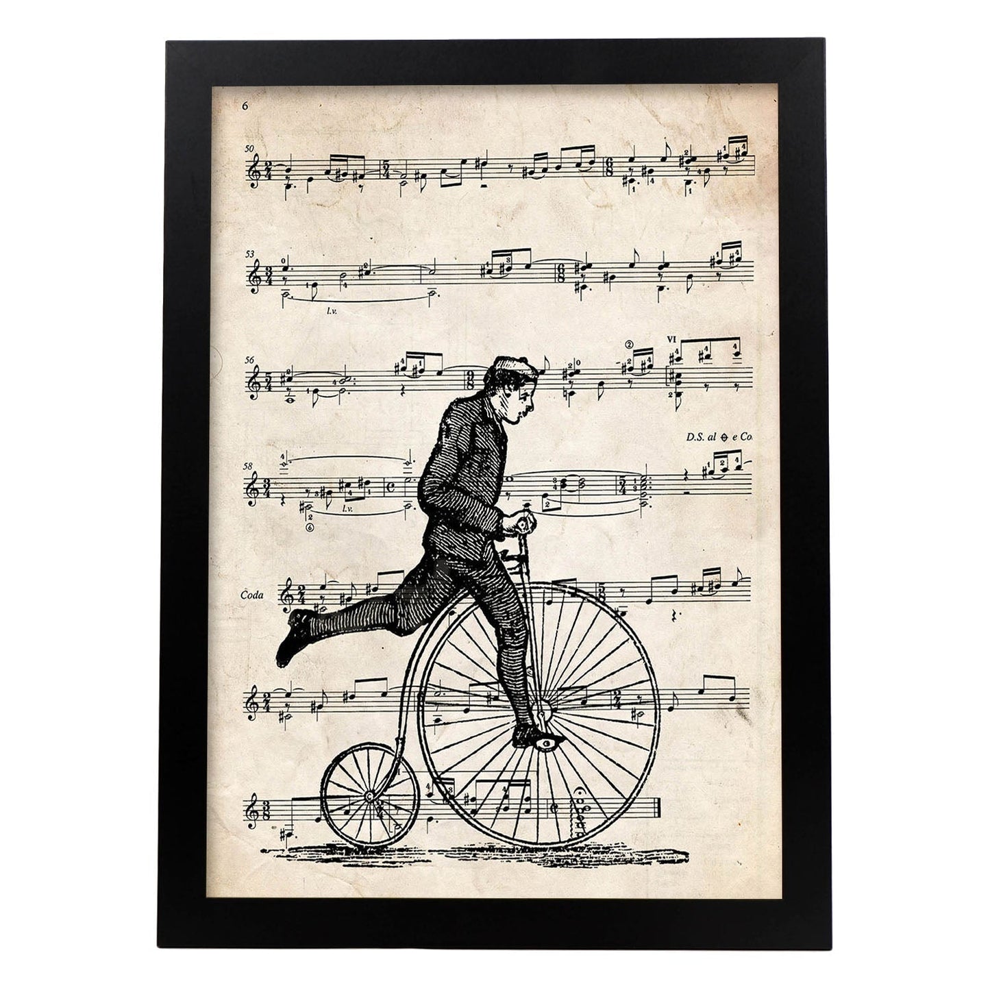 Poster de Bicicleta de rueda alta sobre partitura. Láminas de imágenes con partituras. Diseño de música para el hogar.-Artwork-Nacnic-A3-Marco Negro-Nacnic Estudio SL