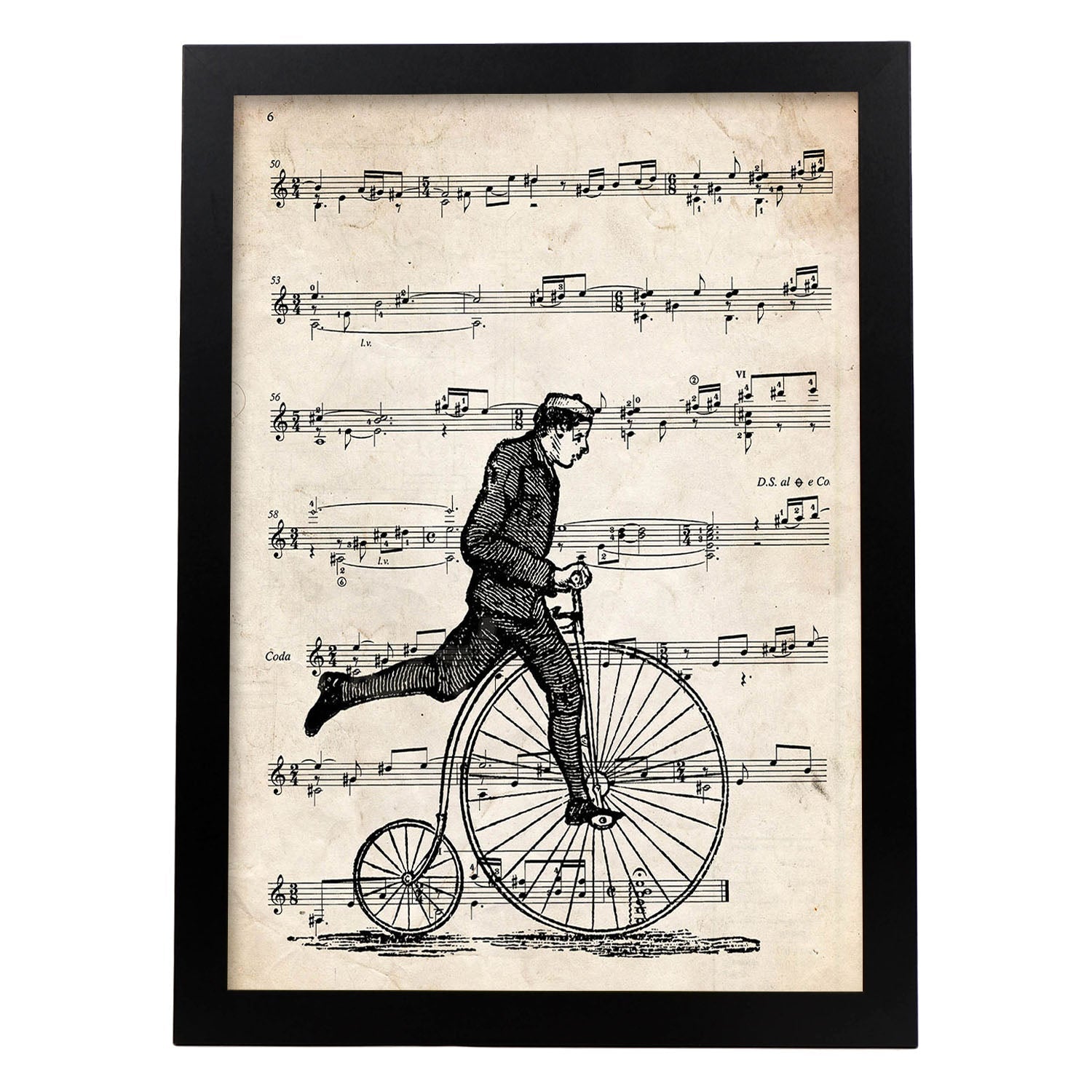 Poster de Bicicleta de rueda alta sobre partitura. Láminas de imágenes con partituras. Diseño de música para el hogar.-Artwork-Nacnic-A4-Marco Negro-Nacnic Estudio SL