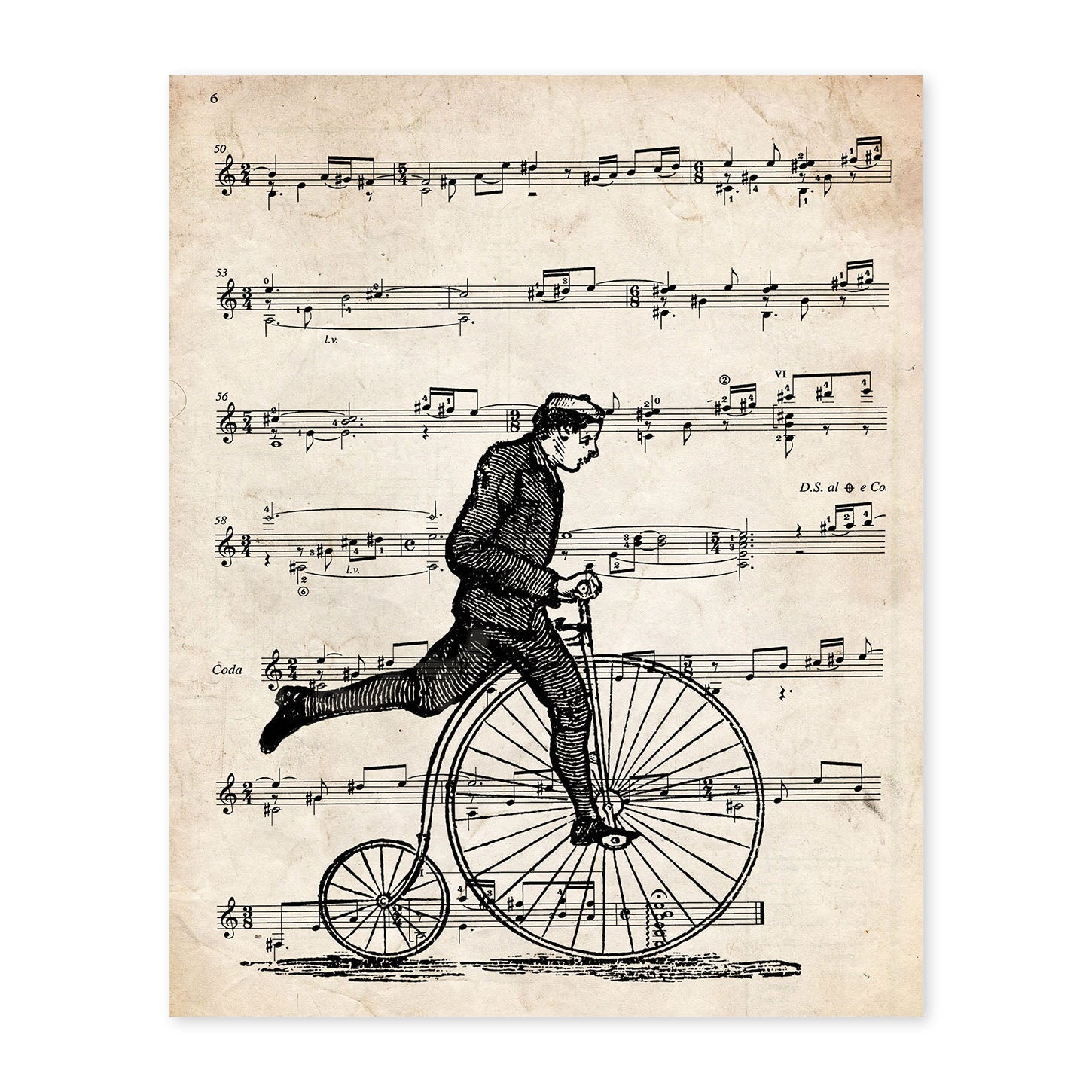 Poster de Bicicleta de rueda alta sobre partitura. Láminas de imágenes con partituras. Diseño de música para el hogar.-Artwork-Nacnic-A4-Sin marco-Nacnic Estudio SL