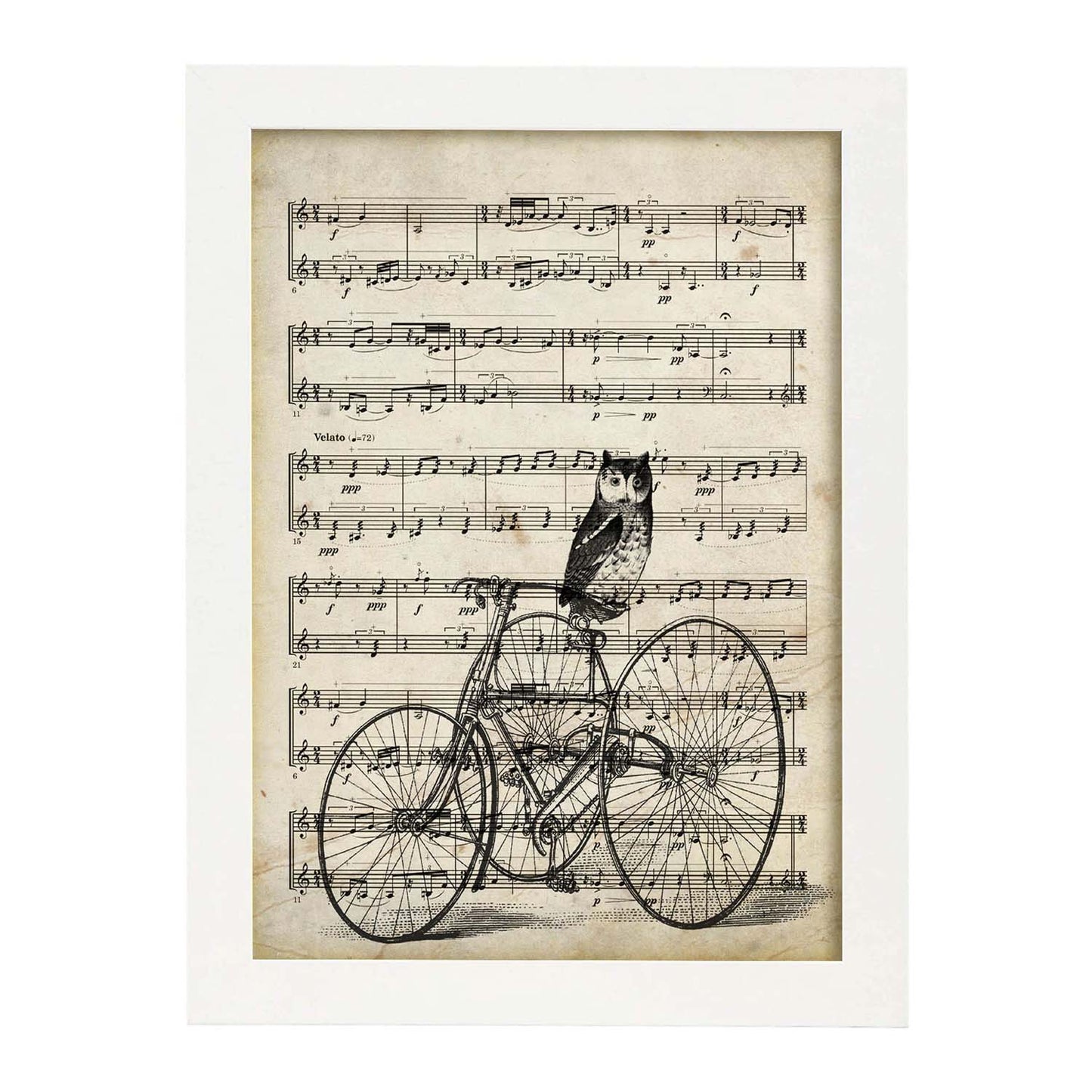 Poster de Buho en bicicleta sobre partitura. Láminas de imágenes con partituras. Diseño de música para el hogar.-Artwork-Nacnic-A3-Marco Blanco-Nacnic Estudio SL