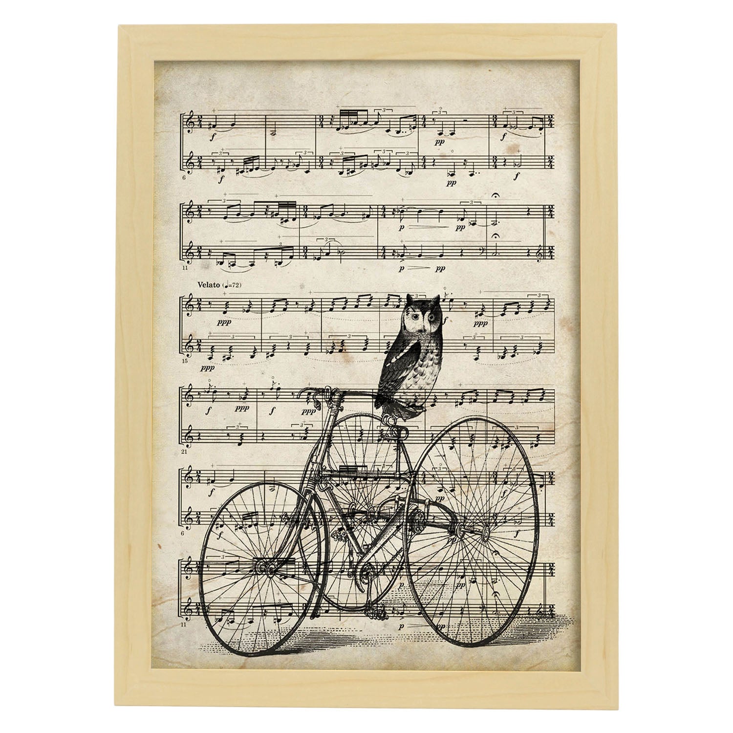 Poster de Buho en bicicleta sobre partitura. Láminas de imágenes con partituras. Diseño de música para el hogar.-Artwork-Nacnic-A3-Marco Madera clara-Nacnic Estudio SL