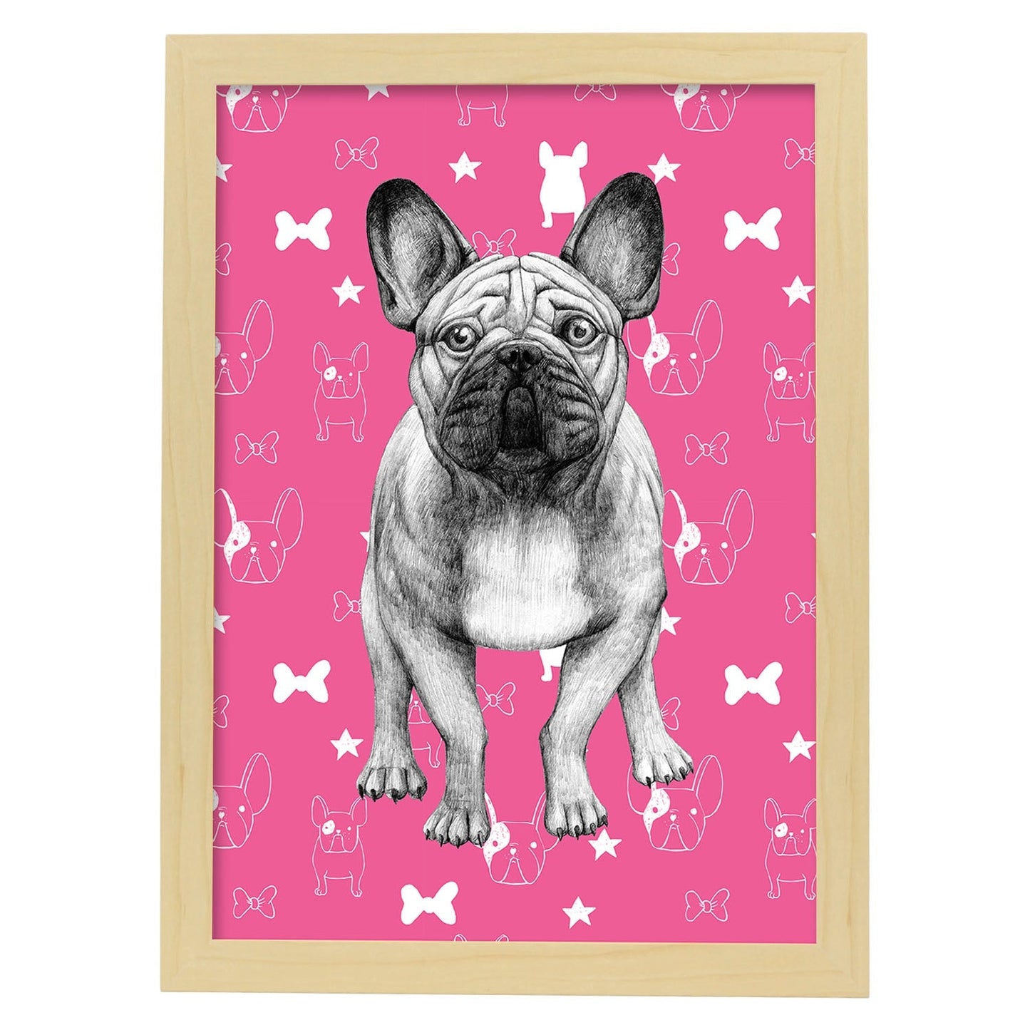 Poster de Bulldog rosa. Lámina decorativa de perros.-Artwork-Nacnic-A3-Marco Madera clara-Nacnic Estudio SL