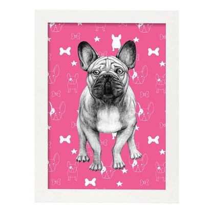 Poster de Bulldog rosa. Lámina decorativa de perros.-Artwork-Nacnic-A4-Marco Blanco-Nacnic Estudio SL