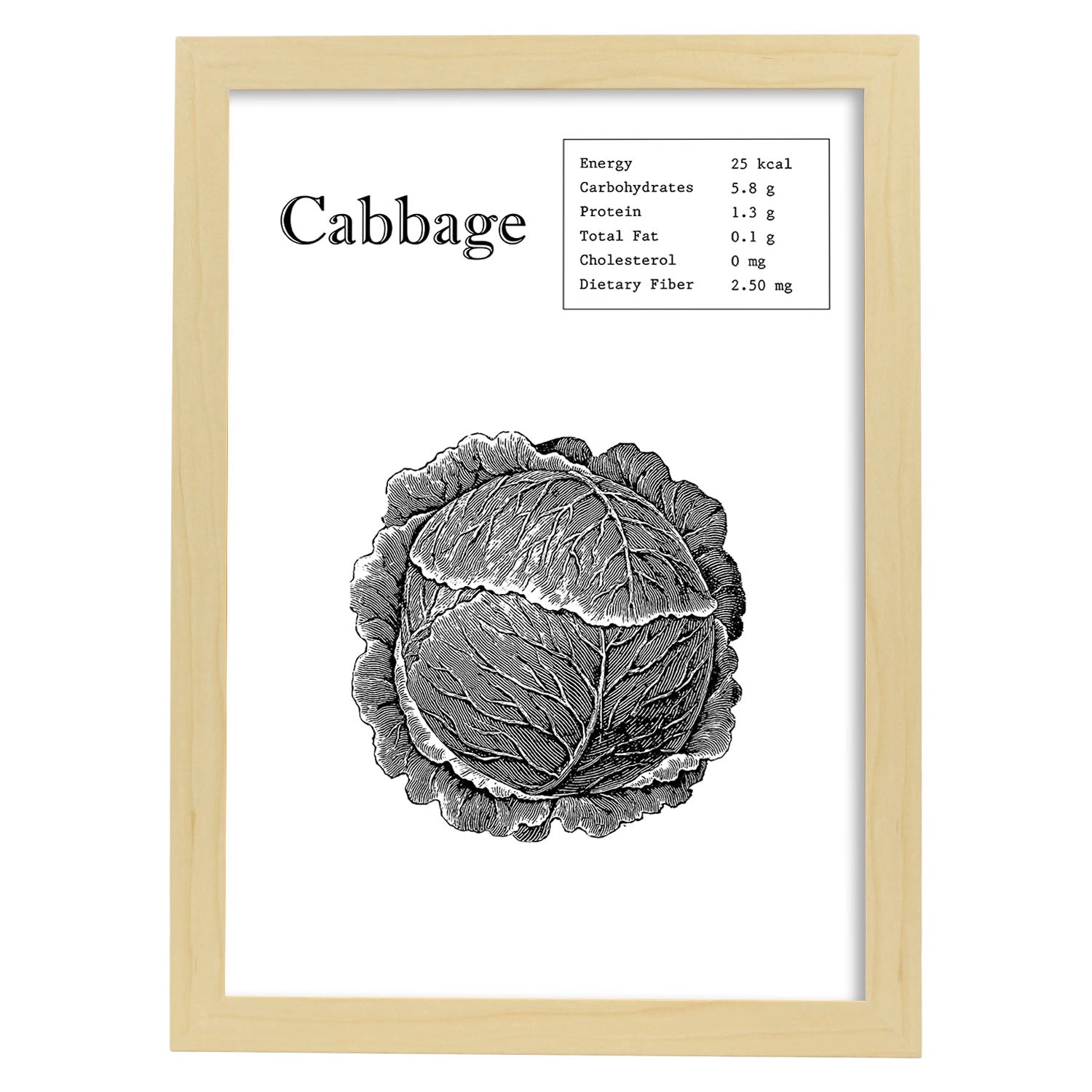 Poster de Cabbage. Láminas de frutas y verduras en inglés.-Artwork-Nacnic-A3-Marco Madera clara-Nacnic Estudio SL