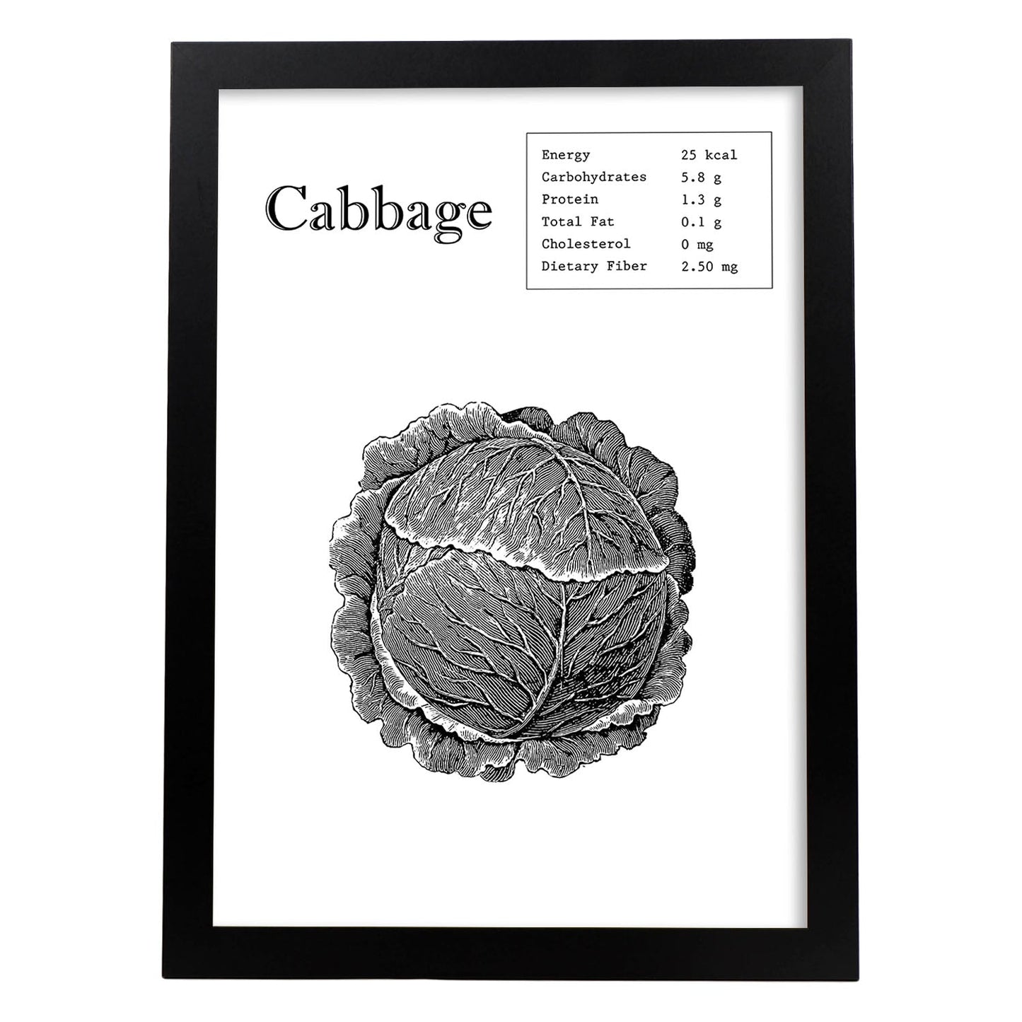 Poster de Cabbage. Láminas de frutas y verduras en inglés.-Artwork-Nacnic-A3-Marco Negro-Nacnic Estudio SL