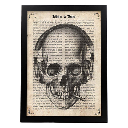 Poster de Calavera con cascos. Láminas de calaveras. Decoración de hogar.-Artwork-Nacnic-A4-Marco Negro-Nacnic Estudio SL