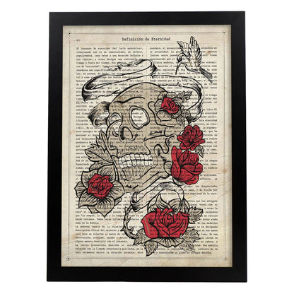 Poster de Calavera con rosas. Láminas de calaveras. Decoración de hogar.-Artwork-Nacnic-A4-Marco Negro-Nacnic Estudio SL