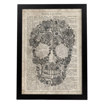 Poster de Calavera flores blanco y negro. Láminas de calaveras. Decoración de hogar.-Artwork-Nacnic-A4-Marco Negro-Nacnic Estudio SL