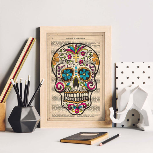 Poster de Calavera mexicana colores. Láminas de calaveras. Decoración de hogar.-Artwork-Nacnic-Nacnic Estudio SL
