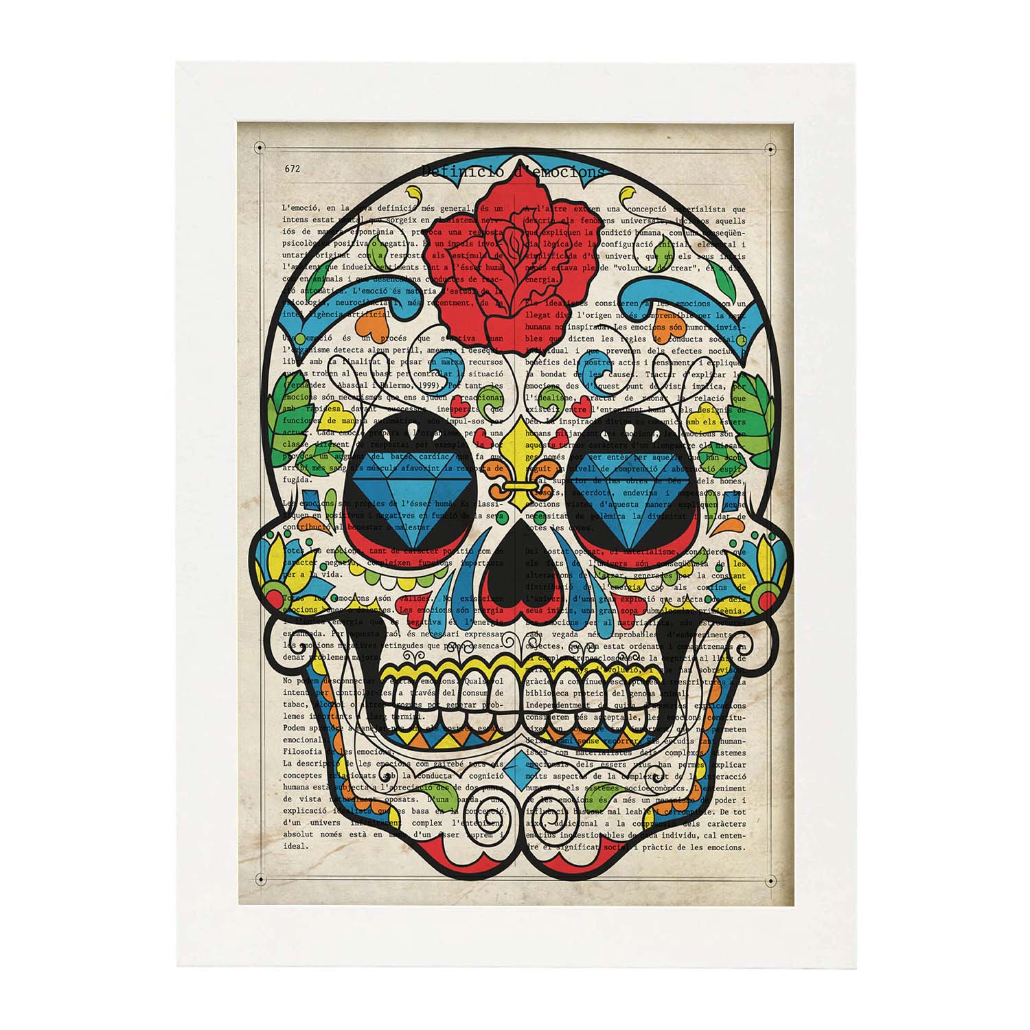 Poster de Calavera mexicana con flor. Láminas de calaveras. Decoración de hogar.-Artwork-Nacnic-A3-Marco Blanco-Nacnic Estudio SL