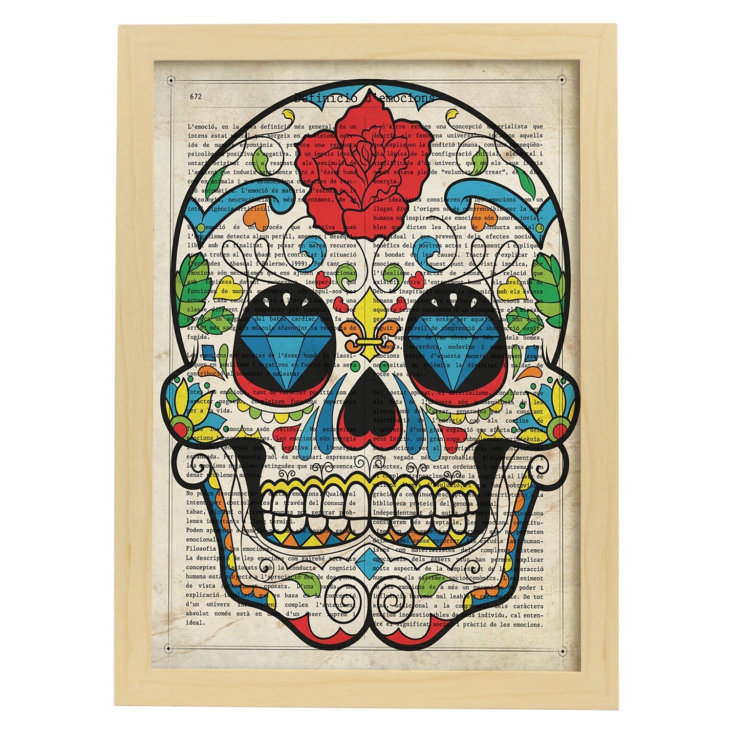 Poster de Calavera mexicana con flor. Láminas de calaveras. Decoración de hogar.-Artwork-Nacnic-A3-Marco Madera clara-Nacnic Estudio SL