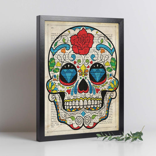 Poster de Calavera mexicana con flor. Láminas de calaveras. Decoración de hogar.-Artwork-Nacnic-Nacnic Estudio SL
