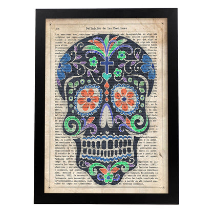 Poster de Calavera mexicana negra. Láminas de calaveras. Decoración de hogar.-Artwork-Nacnic-A4-Marco Negro-Nacnic Estudio SL