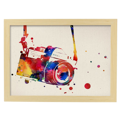 Poster de Cámara fotografica con diseño acuarela. Mix de láminas con estilo acuarela-Artwork-Nacnic-A3-Marco Madera clara-Nacnic Estudio SL