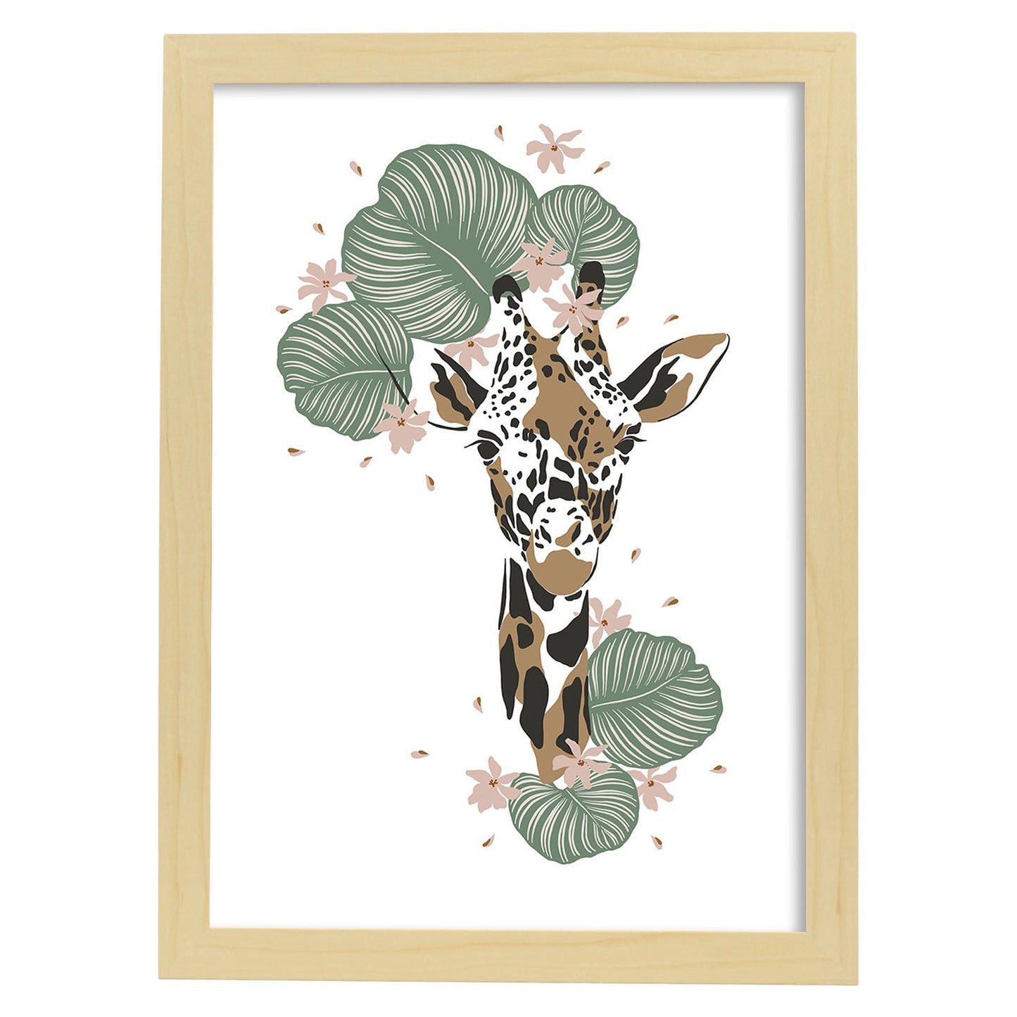 Poster de Cara Jirafa. Lámina de animal de la jungla con flores y vegetación.-Artwork-Nacnic-A3-Marco Madera clara-Nacnic Estudio SL