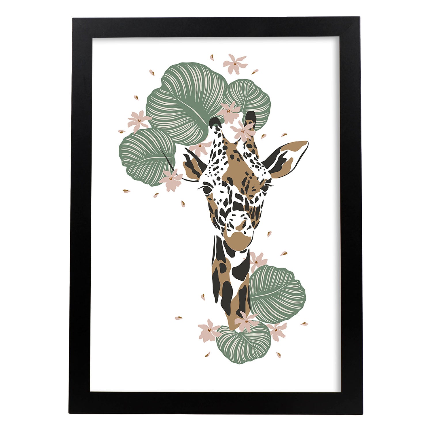 Poster de Cara Jirafa. Lámina de animal de la jungla con flores y vegetación.-Artwork-Nacnic-A3-Marco Negro-Nacnic Estudio SL