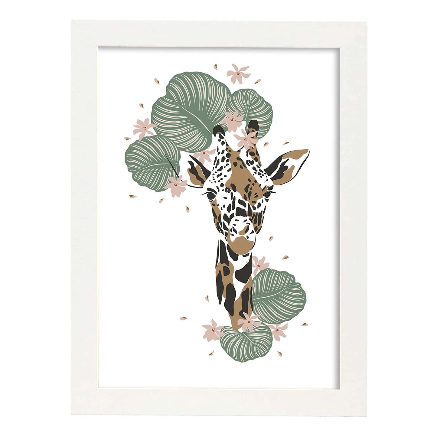 Poster de Cara Jirafa. Lámina de animal de la jungla con flores y vegetación.-Artwork-Nacnic-A4-Marco Blanco-Nacnic Estudio SL