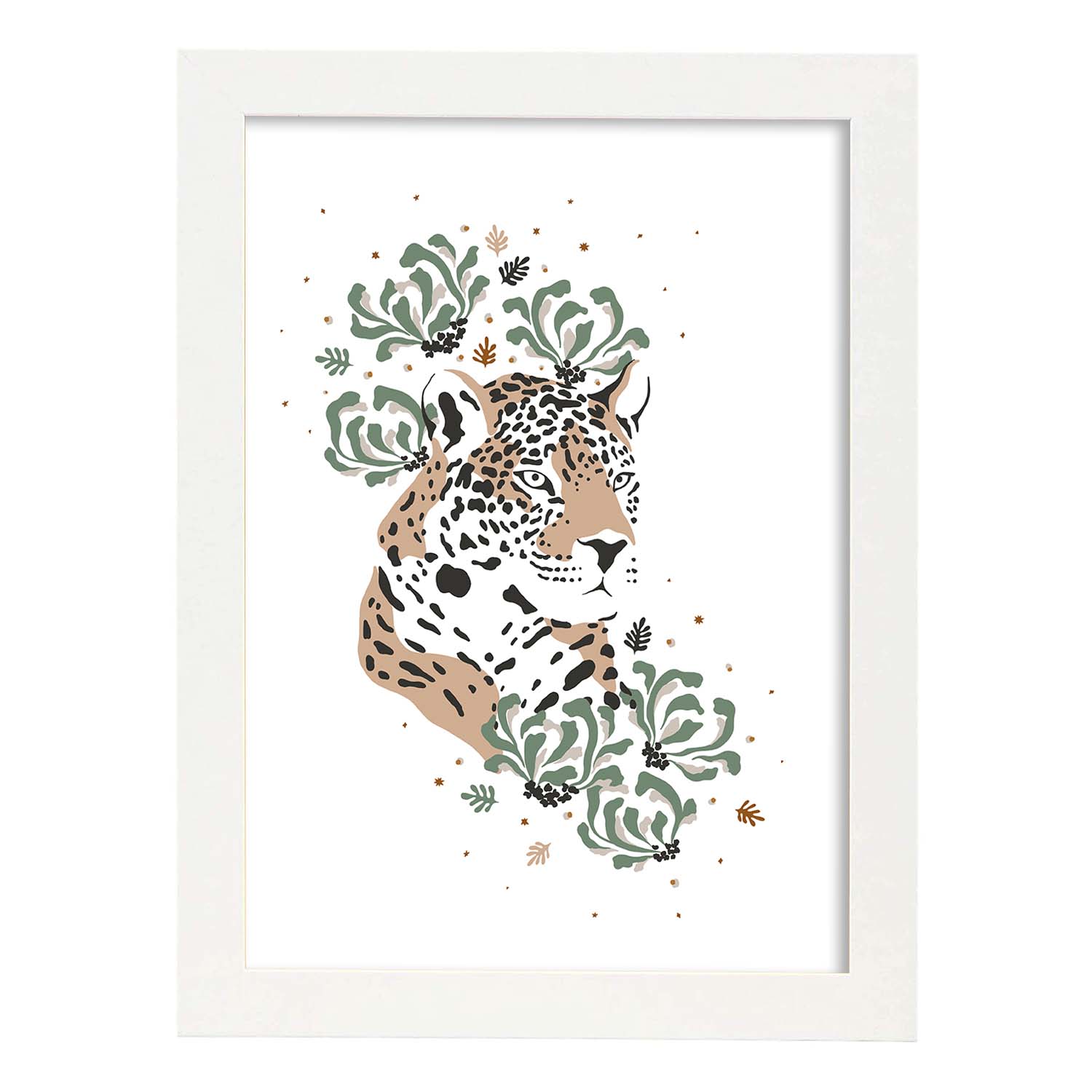 Poster de Cara Leopardo. Lámina de animal de la jungla con flores y vegetación.-Artwork-Nacnic-A3-Marco Blanco-Nacnic Estudio SL