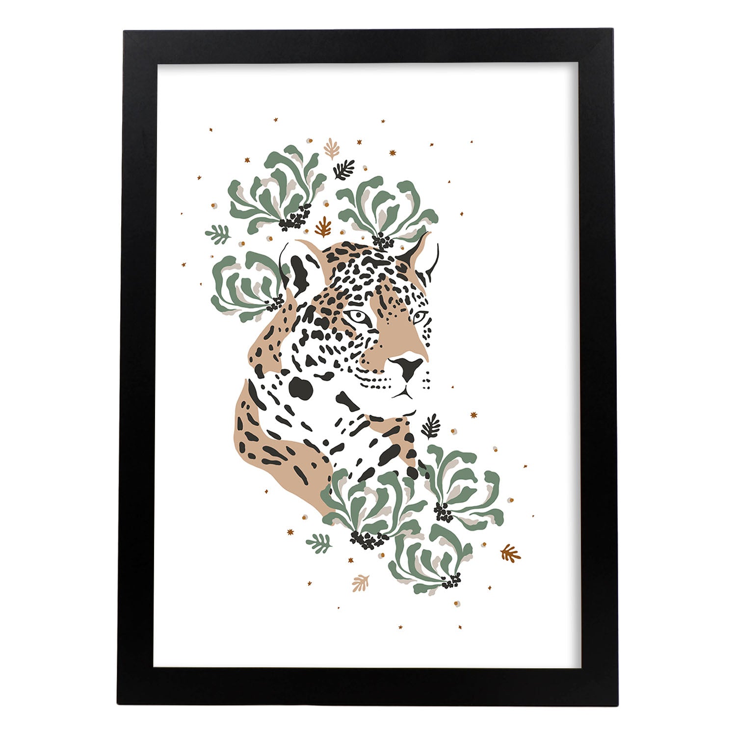 Poster de Cara Leopardo. Lámina de animal de la jungla con flores y vegetación.-Artwork-Nacnic-A3-Marco Negro-Nacnic Estudio SL