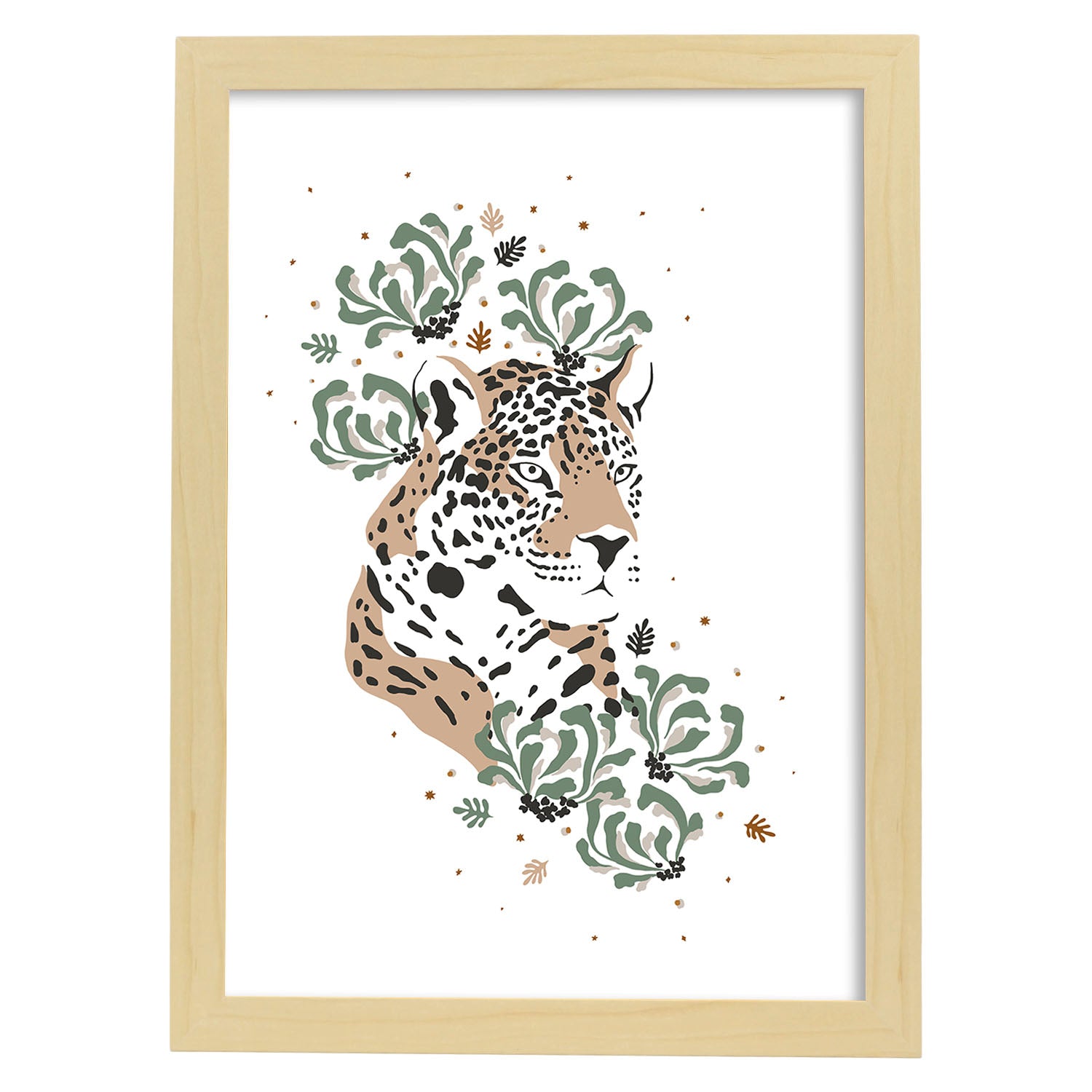 Poster de Cara Leopardo. Lámina de animal de la jungla con flores y vegetación.-Artwork-Nacnic-A4-Marco Madera clara-Nacnic Estudio SL