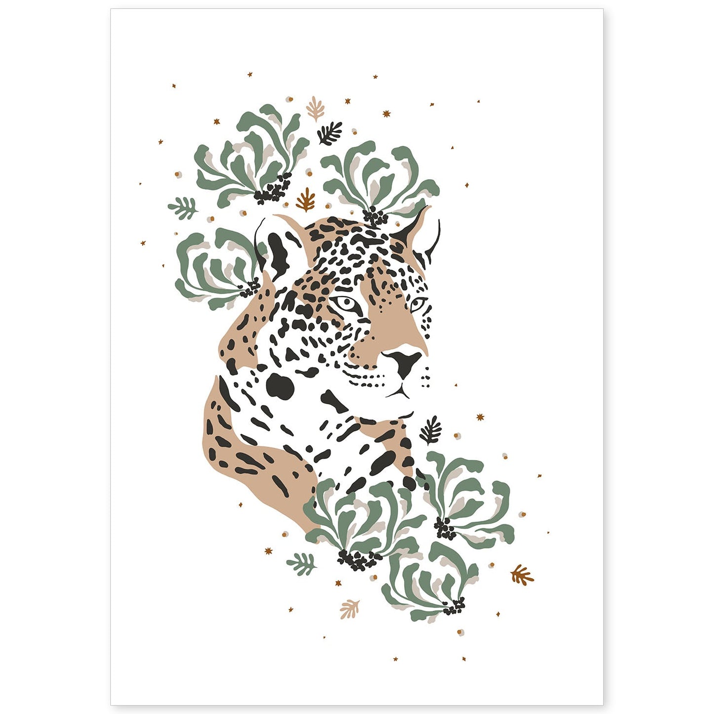 Poster de Cara Leopardo. Lámina de animal de la jungla con flores y vegetación.-Artwork-Nacnic-A4-Sin marco-Nacnic Estudio SL
