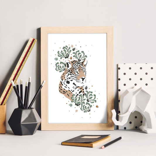 Poster de Cara Leopardo. Lámina de animal de la jungla con flores y vegetación.-Artwork-Nacnic-Nacnic Estudio SL