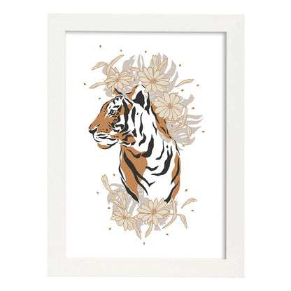 Poster de Cara Tigre. Lámina de animal de la jungla con flores y vegetación.-Artwork-Nacnic-A3-Marco Blanco-Nacnic Estudio SL