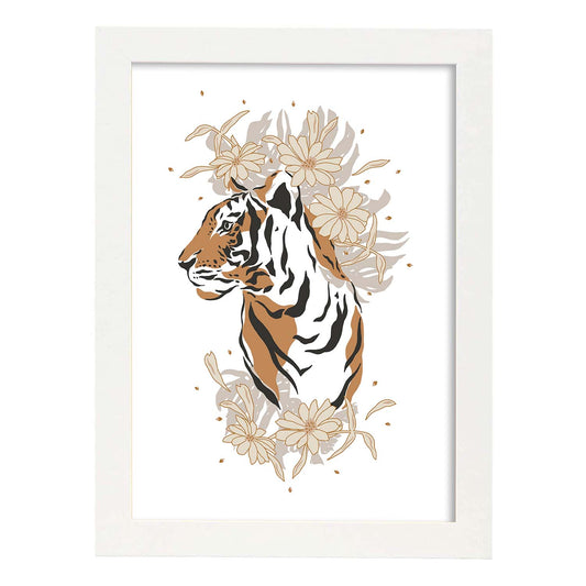 Poster de Cara Tigre. Lámina de animal de la jungla con flores y vegetación.-Artwork-Nacnic-A4-Marco Blanco-Nacnic Estudio SL