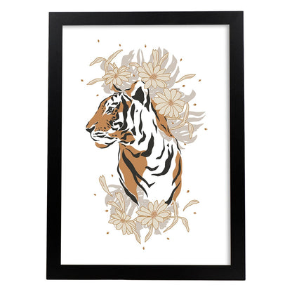 Poster de Cara Tigre. Lámina de animal de la jungla con flores y vegetación.-Artwork-Nacnic-A4-Marco Negro-Nacnic Estudio SL