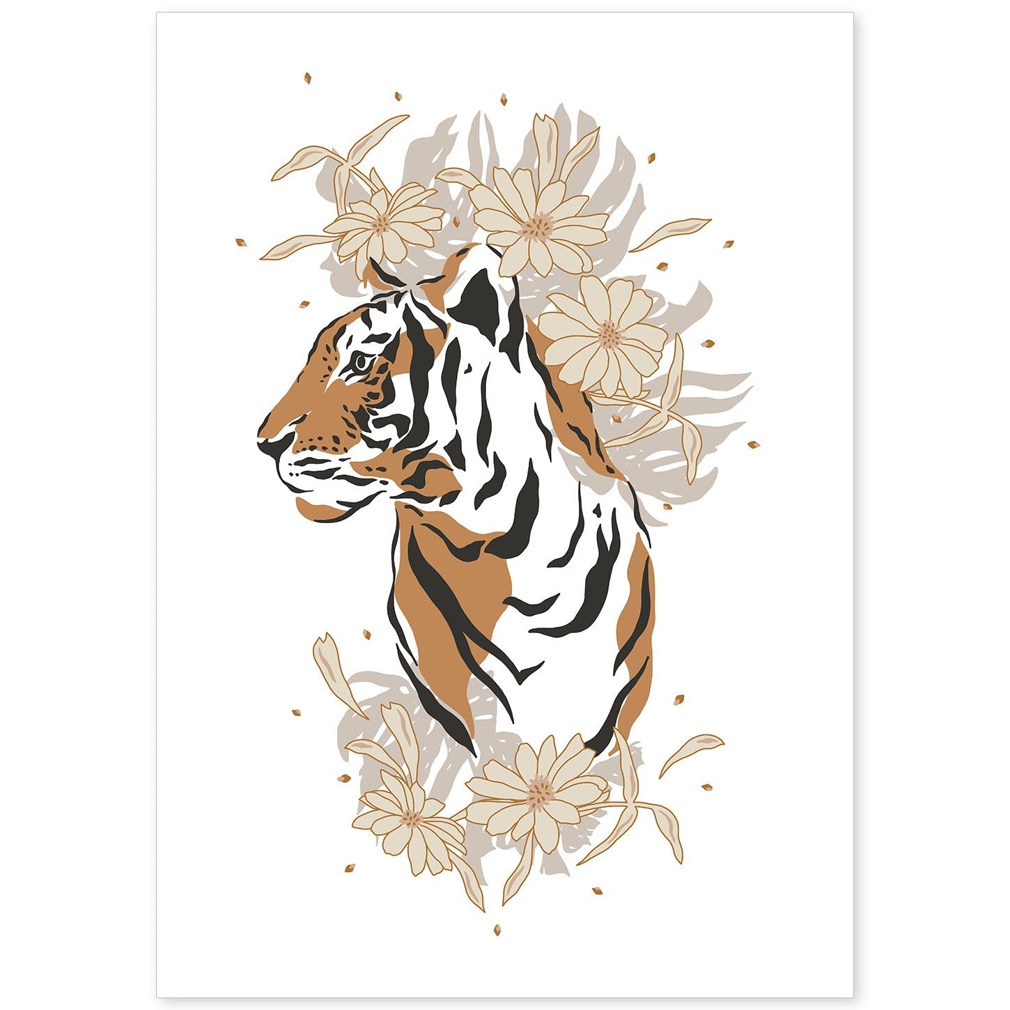 Poster de Cara Tigre. Lámina de animal de la jungla con flores y vegetación.-Artwork-Nacnic-A4-Sin marco-Nacnic Estudio SL