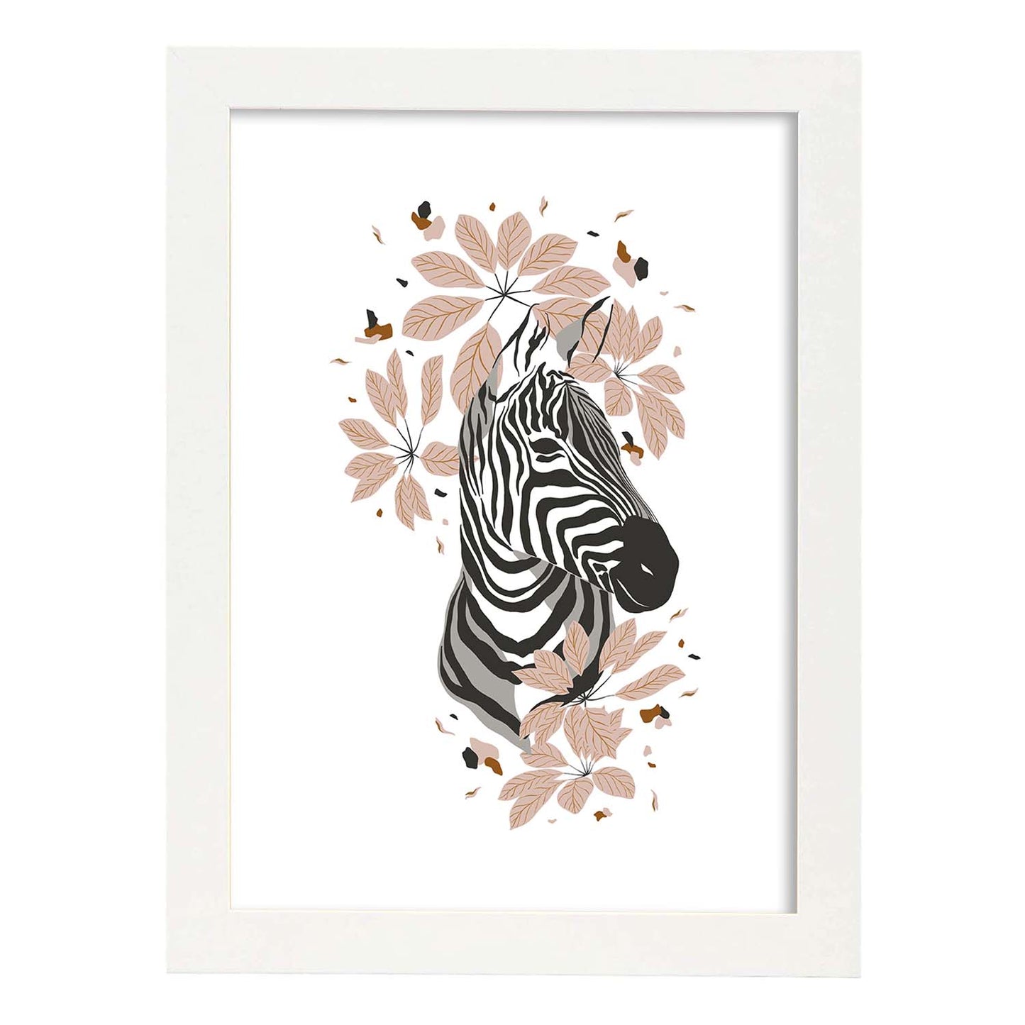 Poster de Cara Zebra. Lámina de animal de la jungla con flores y vegetación.-Artwork-Nacnic-A3-Marco Blanco-Nacnic Estudio SL