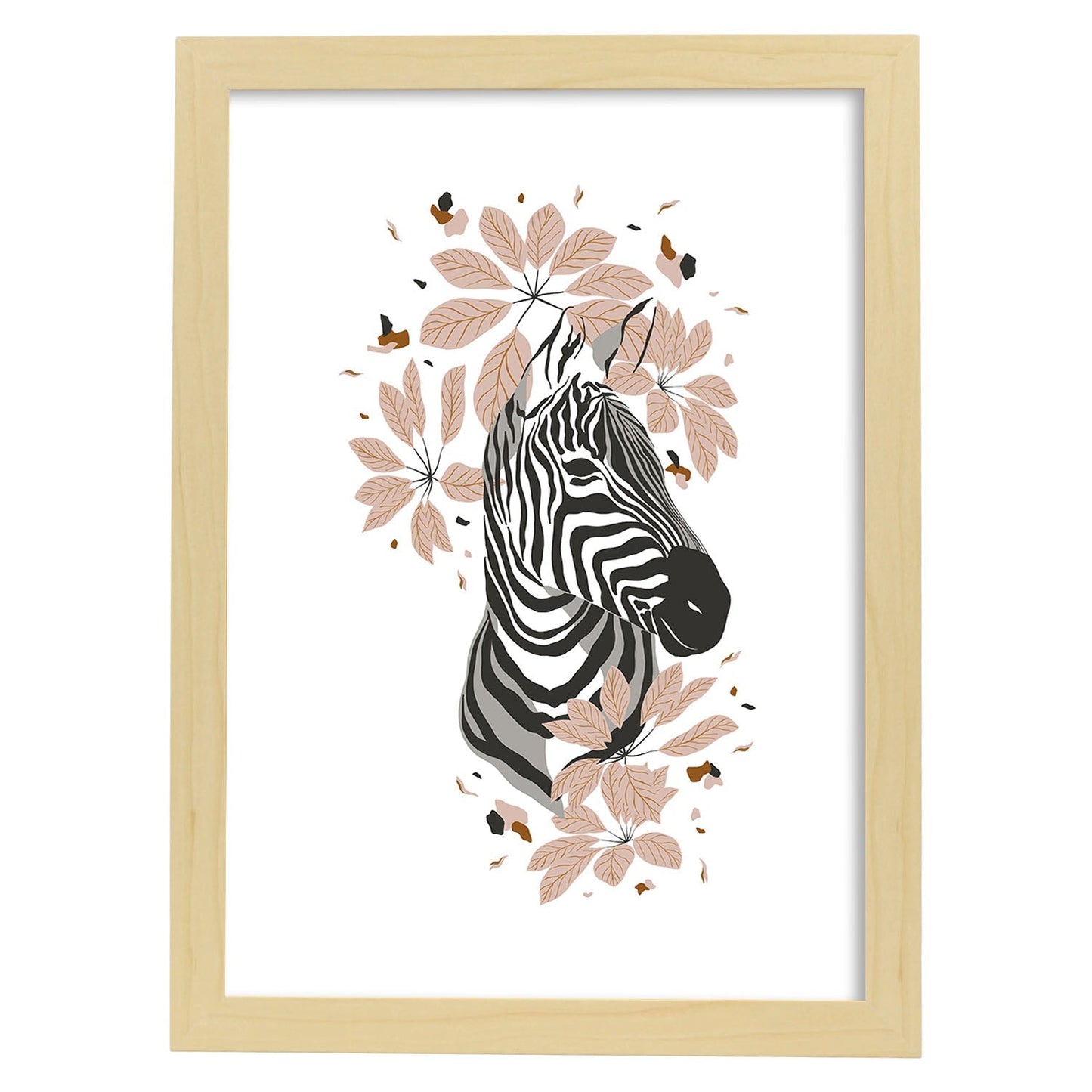 Poster de Cara Zebra. Lámina de animal de la jungla con flores y vegetación.-Artwork-Nacnic-A3-Marco Madera clara-Nacnic Estudio SL