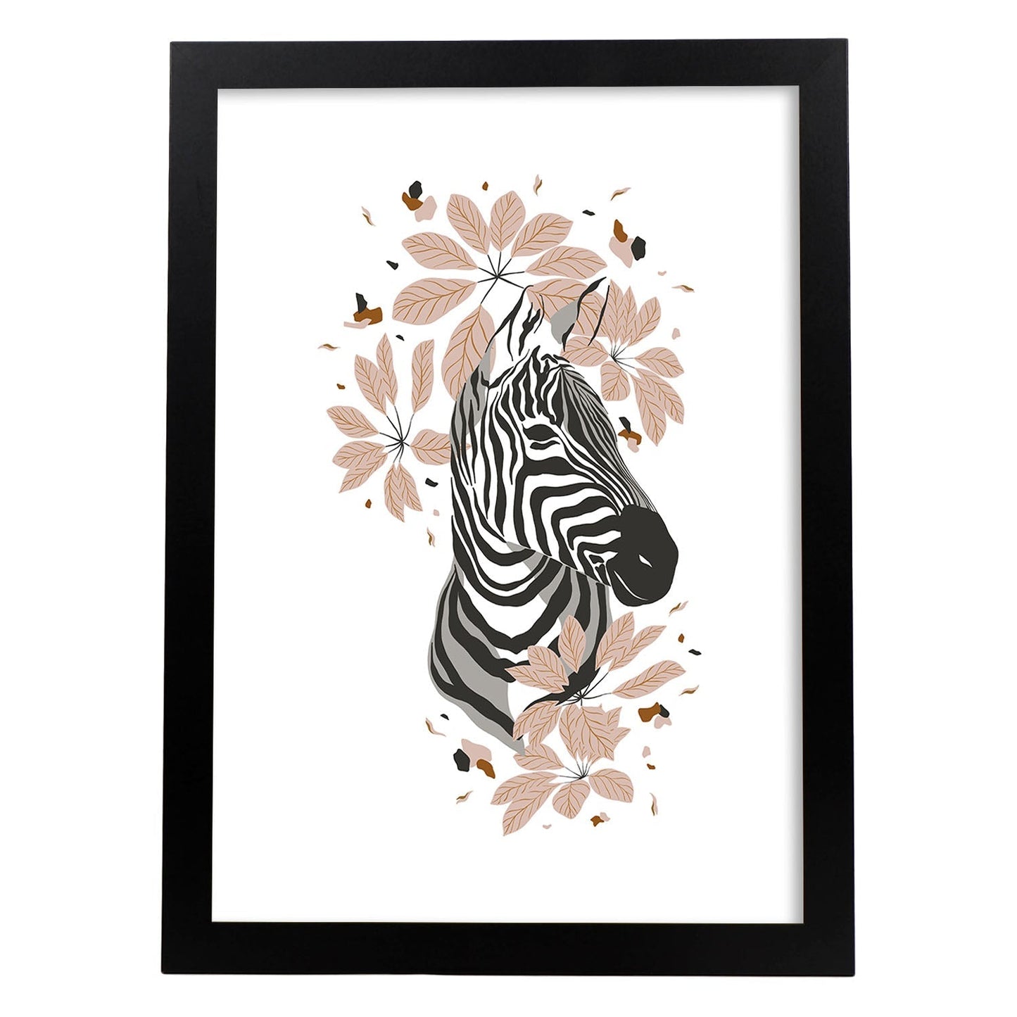 Poster de Cara Zebra. Lámina de animal de la jungla con flores y vegetación.-Artwork-Nacnic-A3-Marco Negro-Nacnic Estudio SL