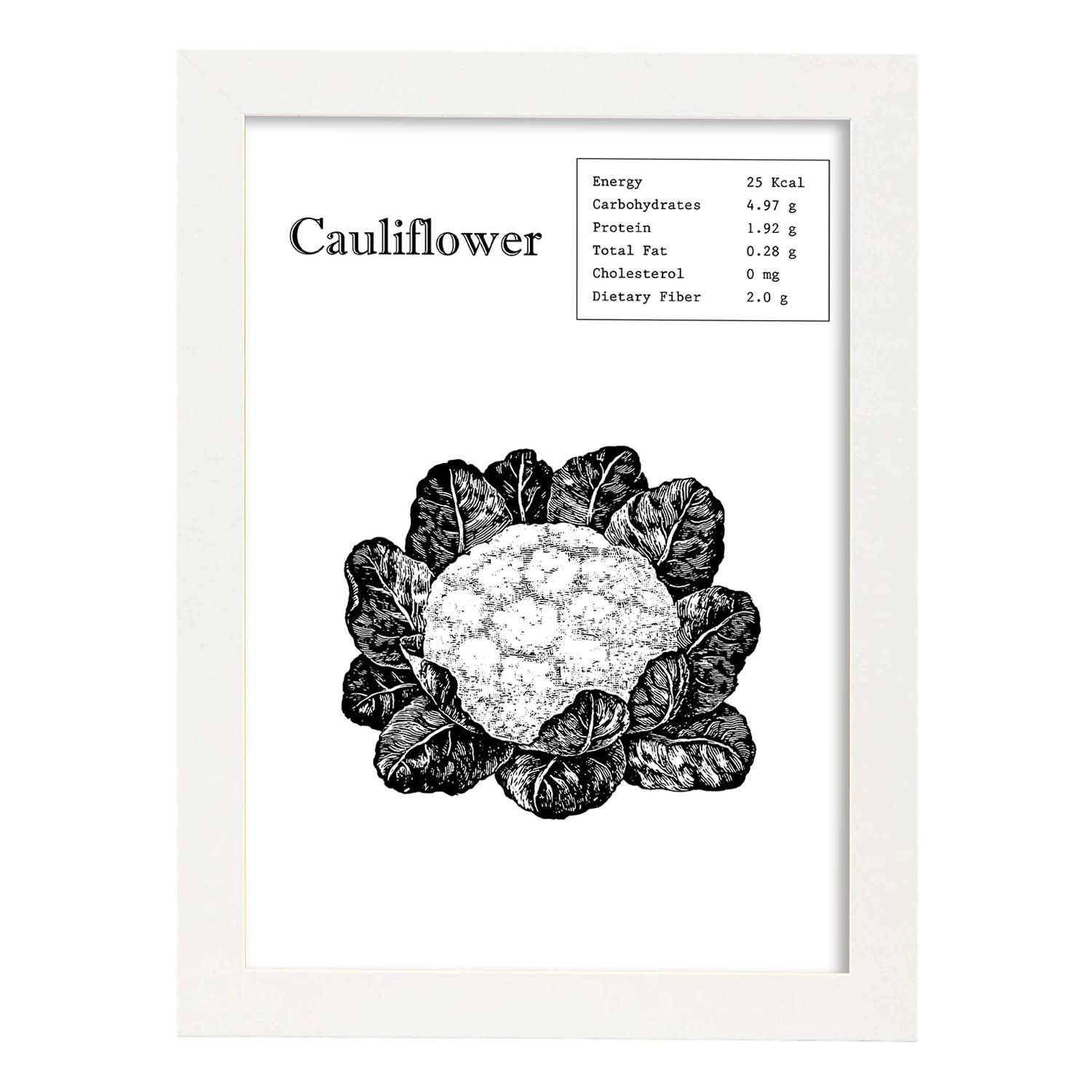 Poster de Cauliflower. Láminas de frutas y verduras en inglés.-Artwork-Nacnic-A4-Marco Blanco-Nacnic Estudio SL