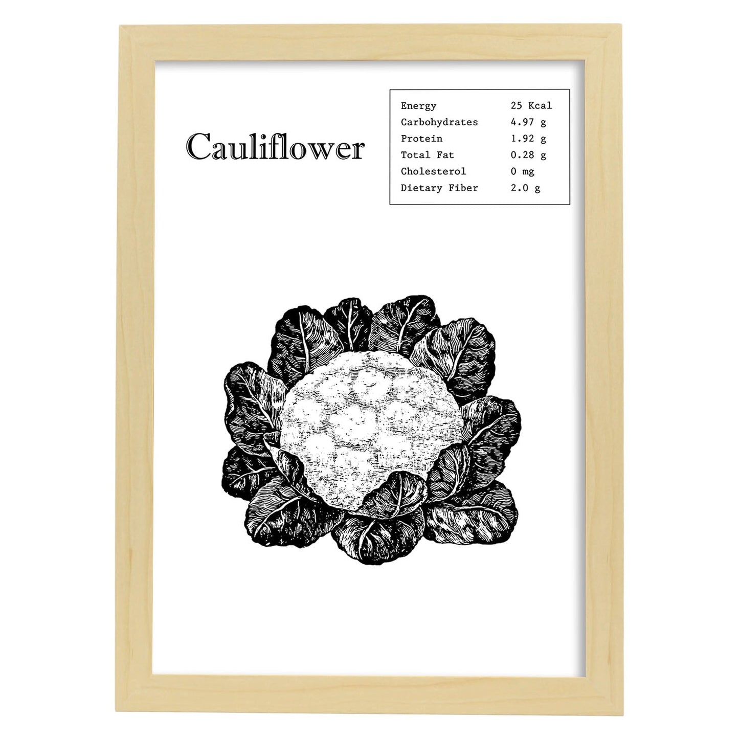 Poster de Cauliflower. Láminas de frutas y verduras en inglés.-Artwork-Nacnic-A4-Marco Madera clara-Nacnic Estudio SL