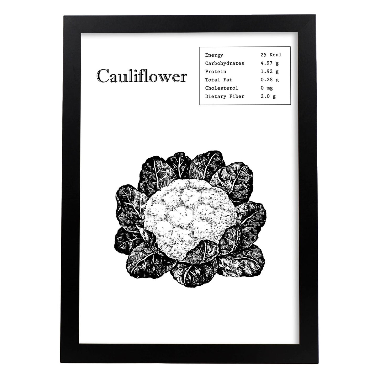 Poster de Cauliflower. Láminas de frutas y verduras en inglés.-Artwork-Nacnic-A4-Marco Negro-Nacnic Estudio SL