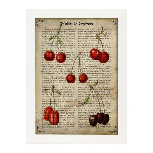 Poster de Cerezas. Láminas de frutas y verduras con definiciones. Ilustraciones de alimentacion vegetariana.-Artwork-Nacnic-A4-Marco Blanco-Nacnic Estudio SL