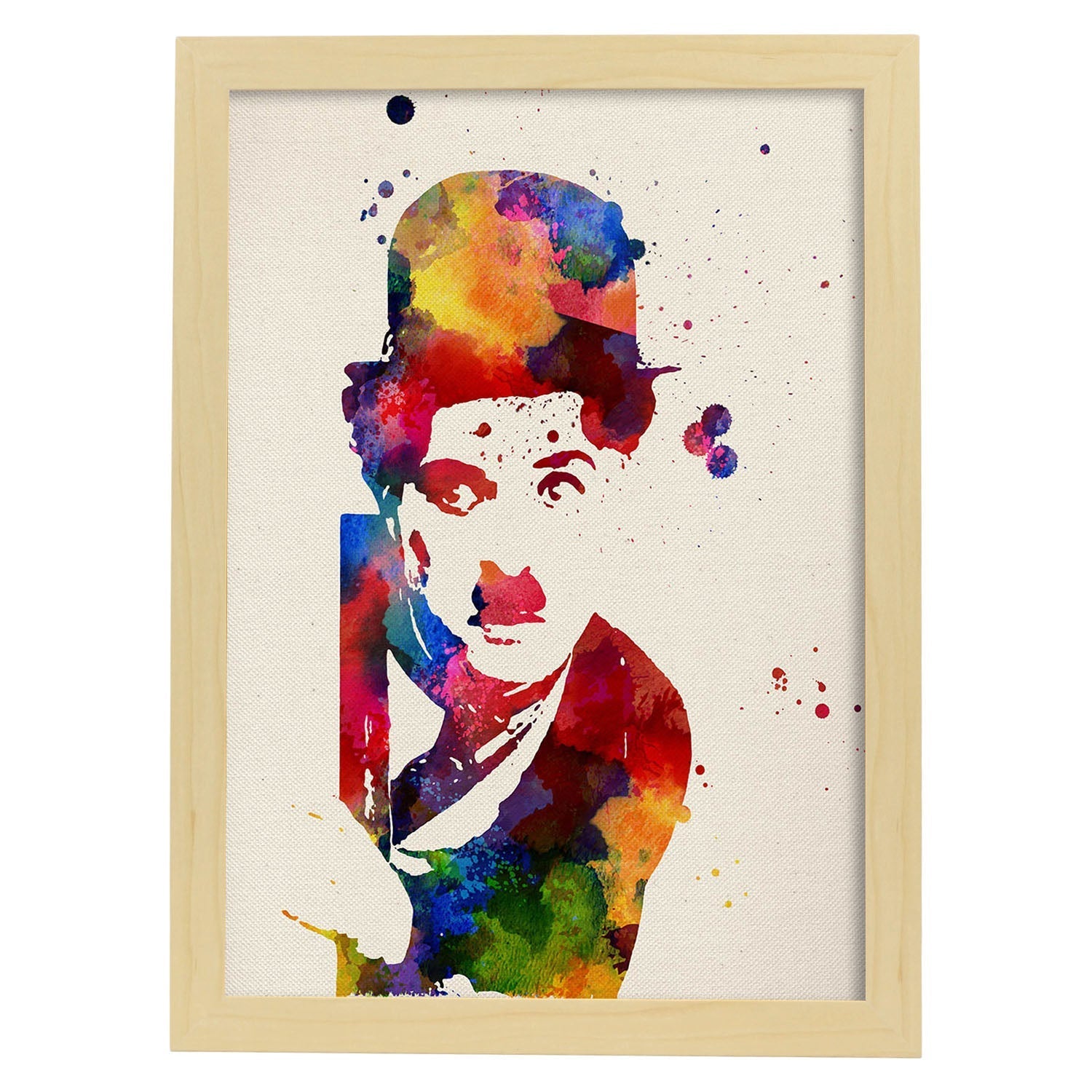 Poster de Charlie Chaplin con diseño acuarela. Mix de láminas con estilo acuarela-Artwork-Nacnic-A4-Marco Madera clara-Nacnic Estudio SL