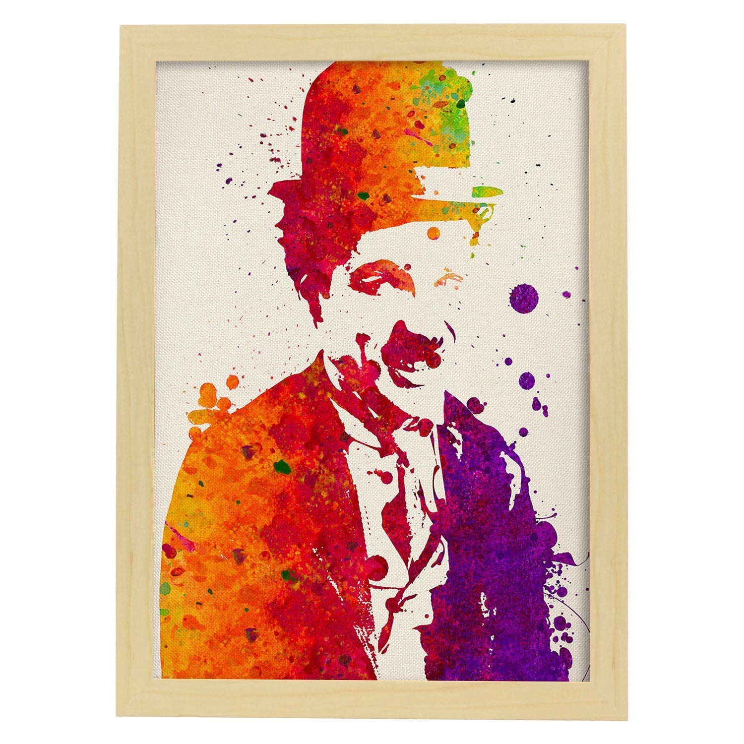 Poster de Charlie Chaplin sonriendo con diseño acuarela. Mix de láminas con estilo acuarela-Artwork-Nacnic-A3-Marco Madera clara-Nacnic Estudio SL