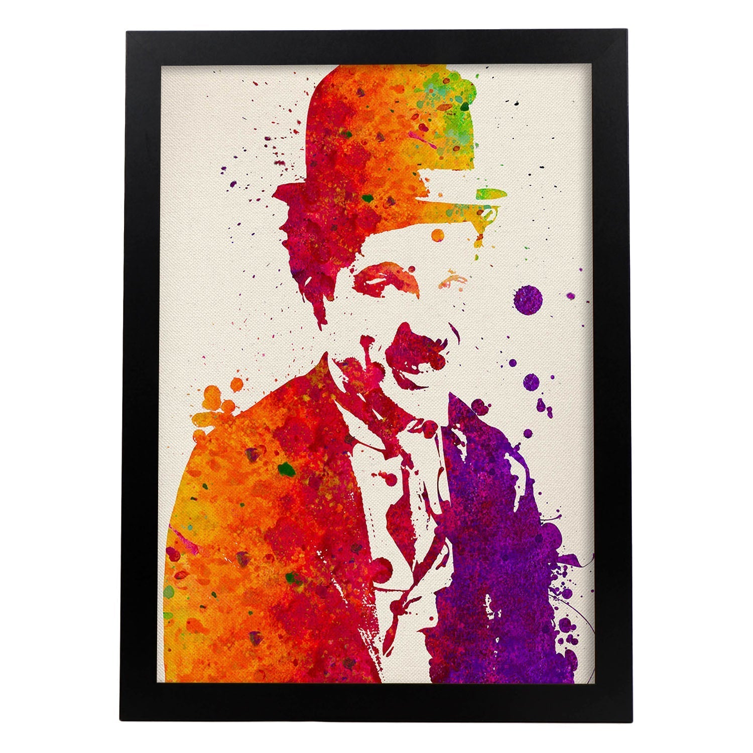 Poster de Charlie Chaplin sonriendo con diseño acuarela. Mix de láminas con estilo acuarela-Artwork-Nacnic-A3-Marco Negro-Nacnic Estudio SL