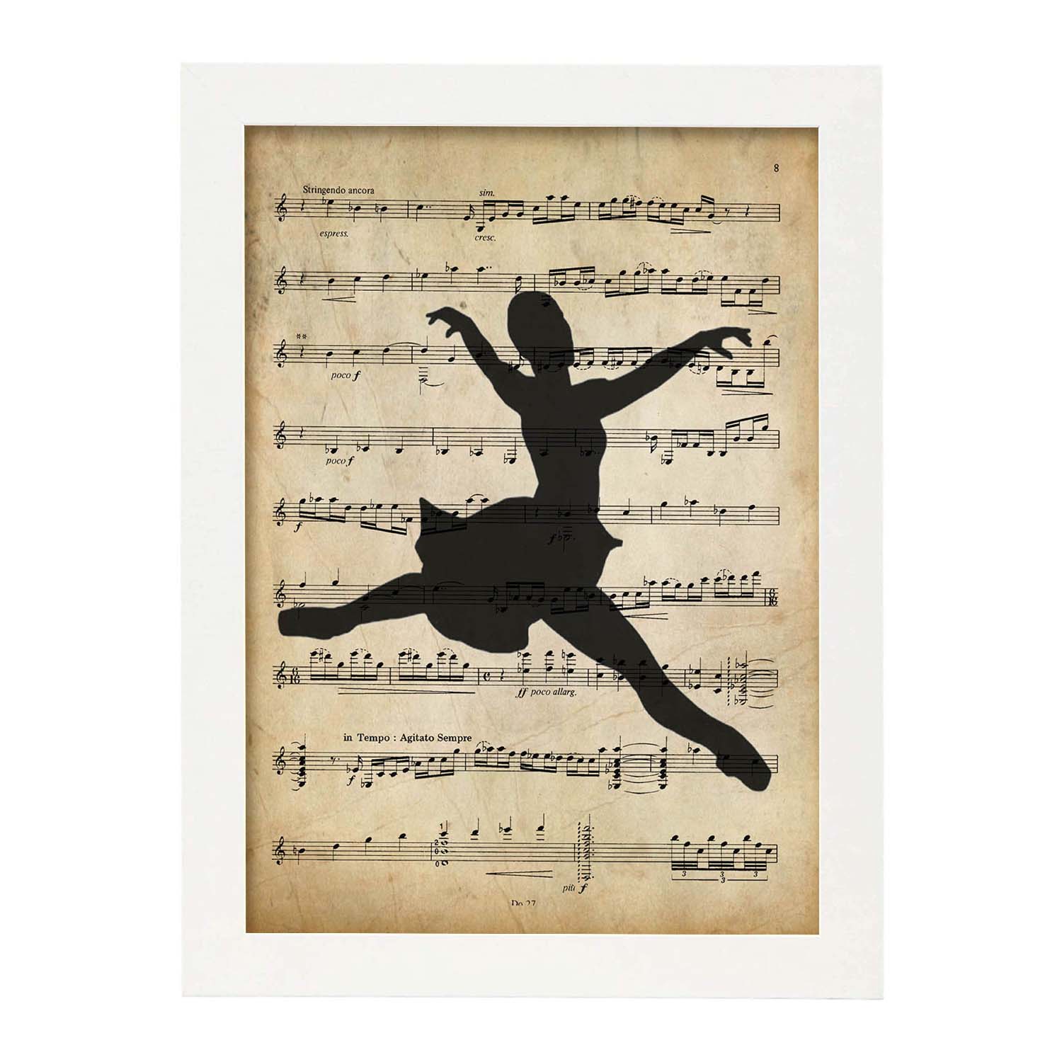 Poster de Chica bailando ballet sobre partitura. Láminas de imágenes con partituras. Diseño de música para el hogar.-Artwork-Nacnic-A3-Marco Blanco-Nacnic Estudio SL