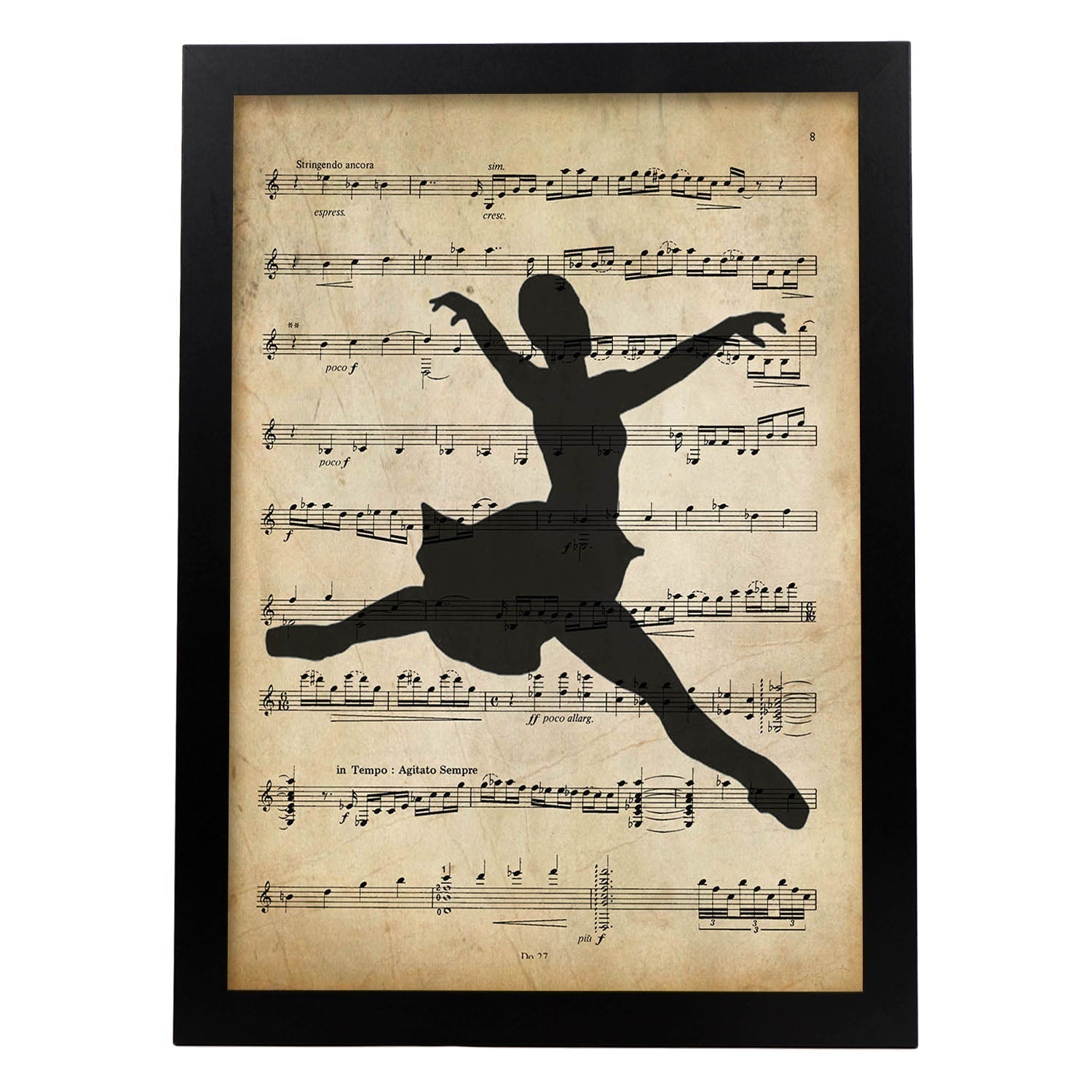 Poster de Chica bailando ballet sobre partitura. Láminas de imágenes con partituras. Diseño de música para el hogar.-Artwork-Nacnic-A3-Marco Negro-Nacnic Estudio SL