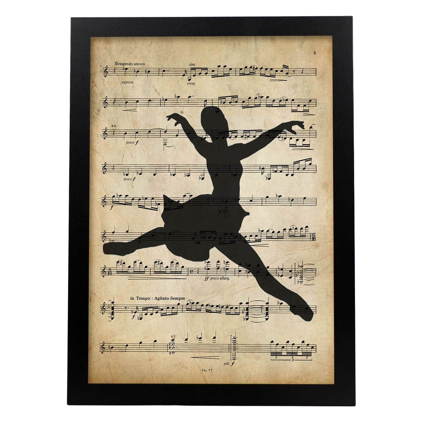 Poster de Chica bailando ballet sobre partitura. Láminas de imágenes con partituras. Diseño de música para el hogar.-Artwork-Nacnic-A4-Marco Negro-Nacnic Estudio SL