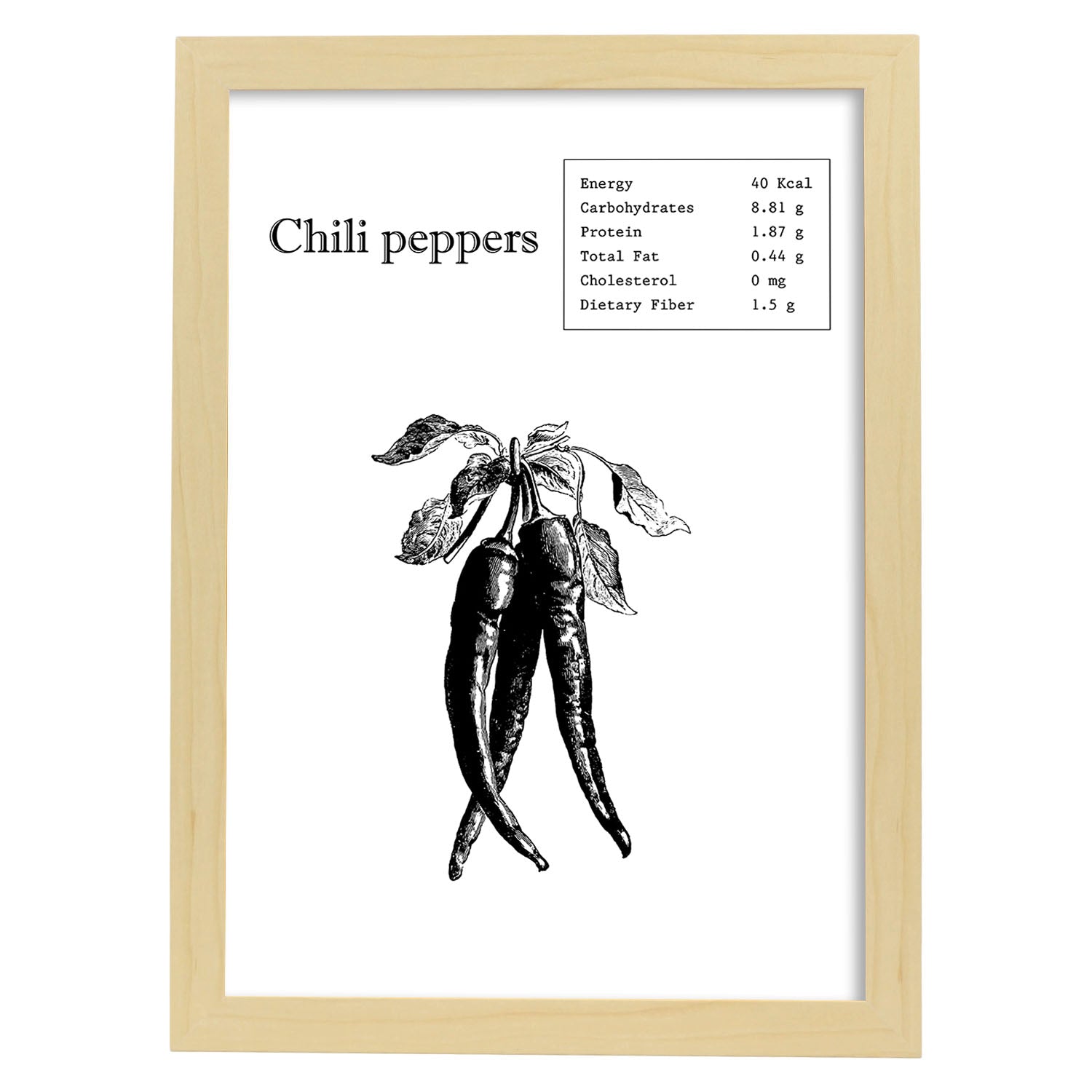 Poster de Chili peppers. Láminas de frutas y verduras en inglés.-Artwork-Nacnic-A3-Marco Madera clara-Nacnic Estudio SL